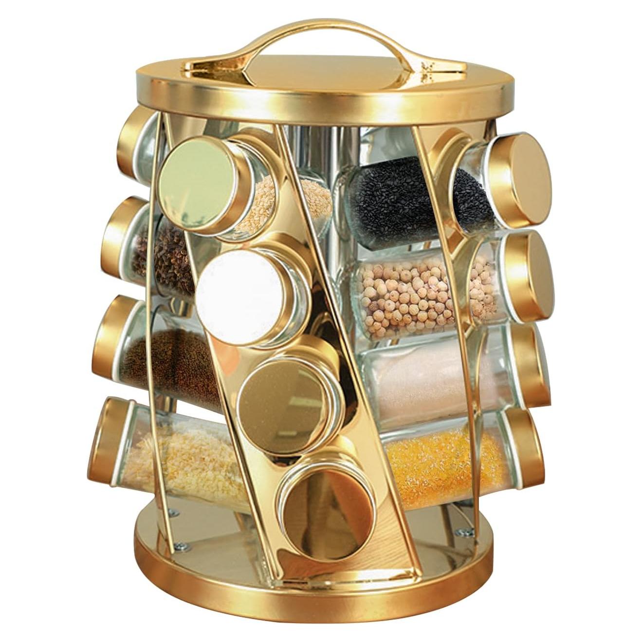 Soporte de Especias TINMIX Dorado con 16 Tarros de Acero Inoxidable