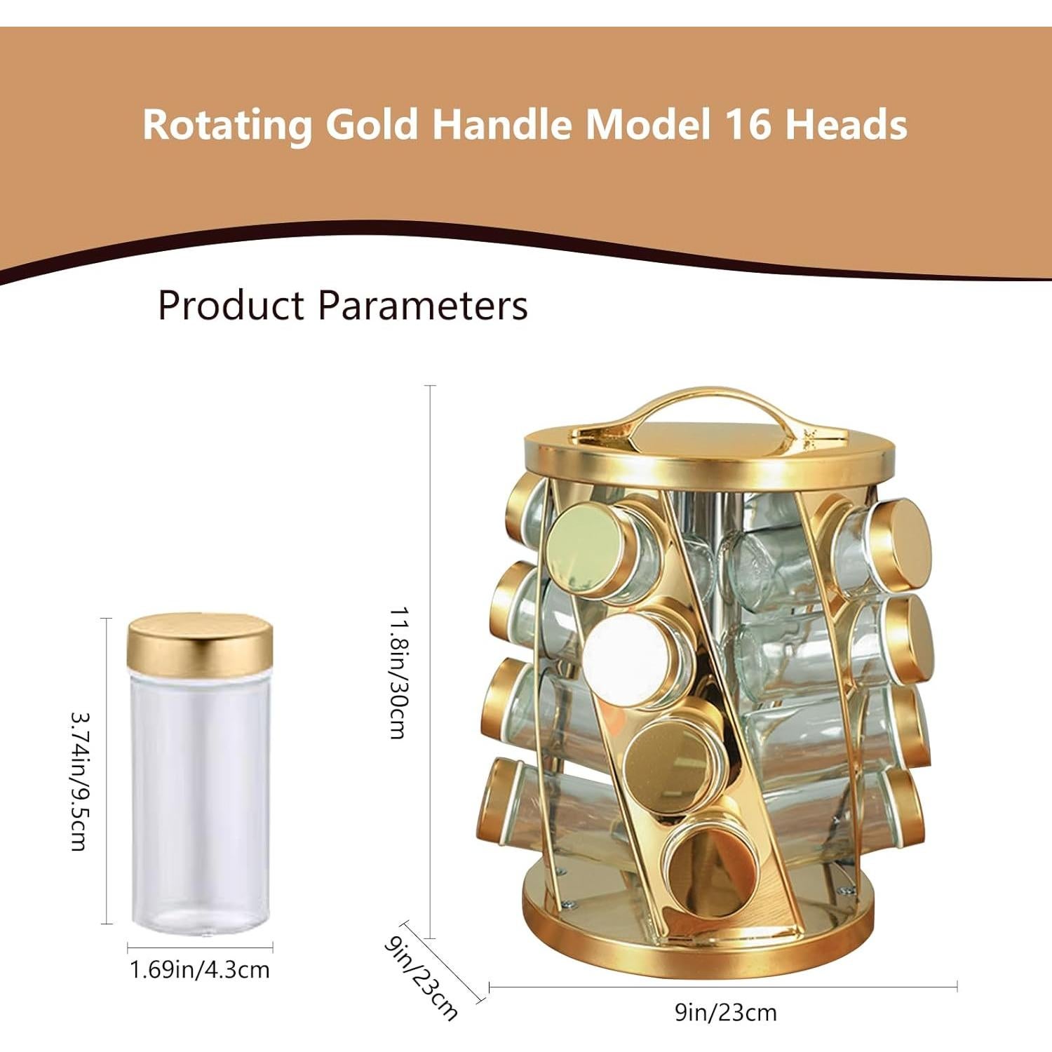 Soporte de Especias TINMIX Dorado con 16 Tarros de Acero Inoxidable