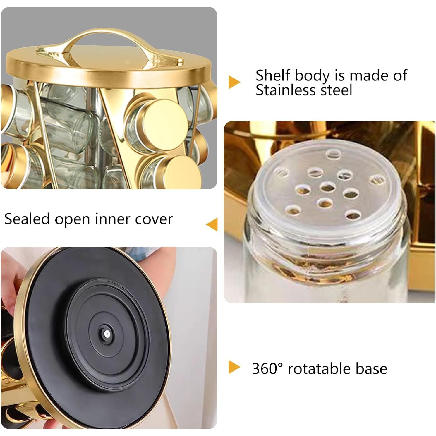 Soporte de Especias TINMIX Dorado con 16 Tarros de Acero Inoxidable