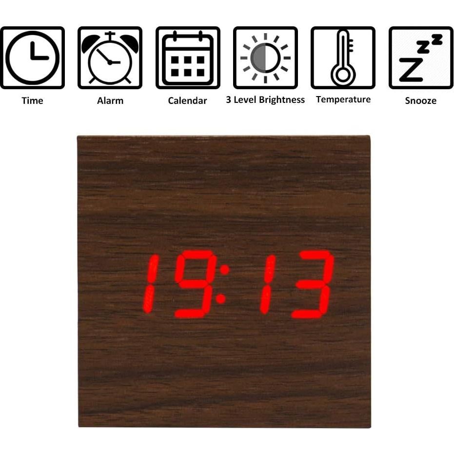 Reloj Despertador Digital Lancoon de Madera Marrón LED