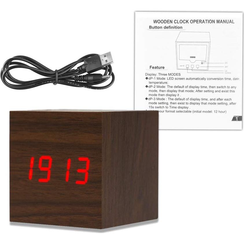 Reloj Despertador Digital Lancoon de Madera Marrón LED