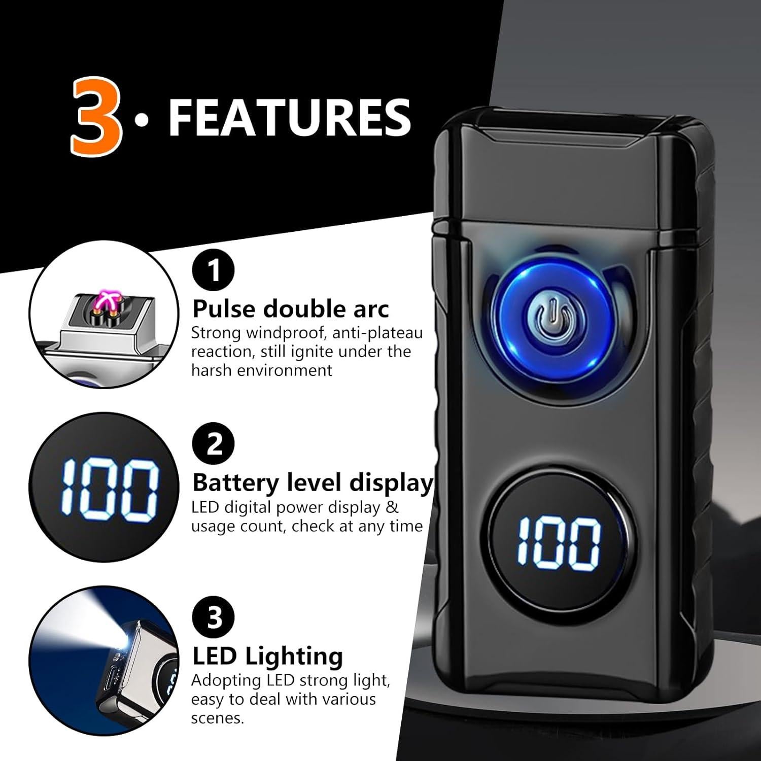 Encendedor Eléctrico Recargable SKRFIRE Negro - Plasma a Prueba de Viento