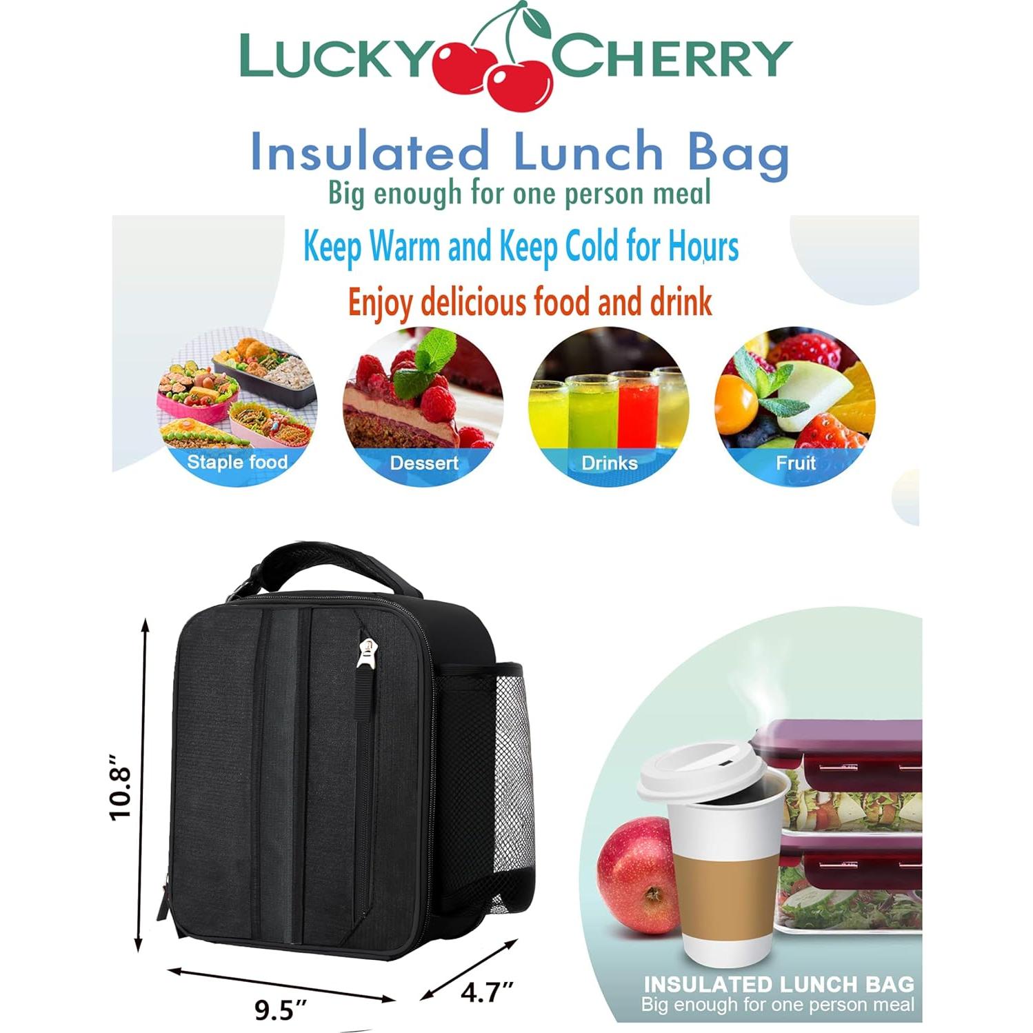 Bolsa de Almuerzo Aislada LUCKY CHERRY Negra 6L Portátil
