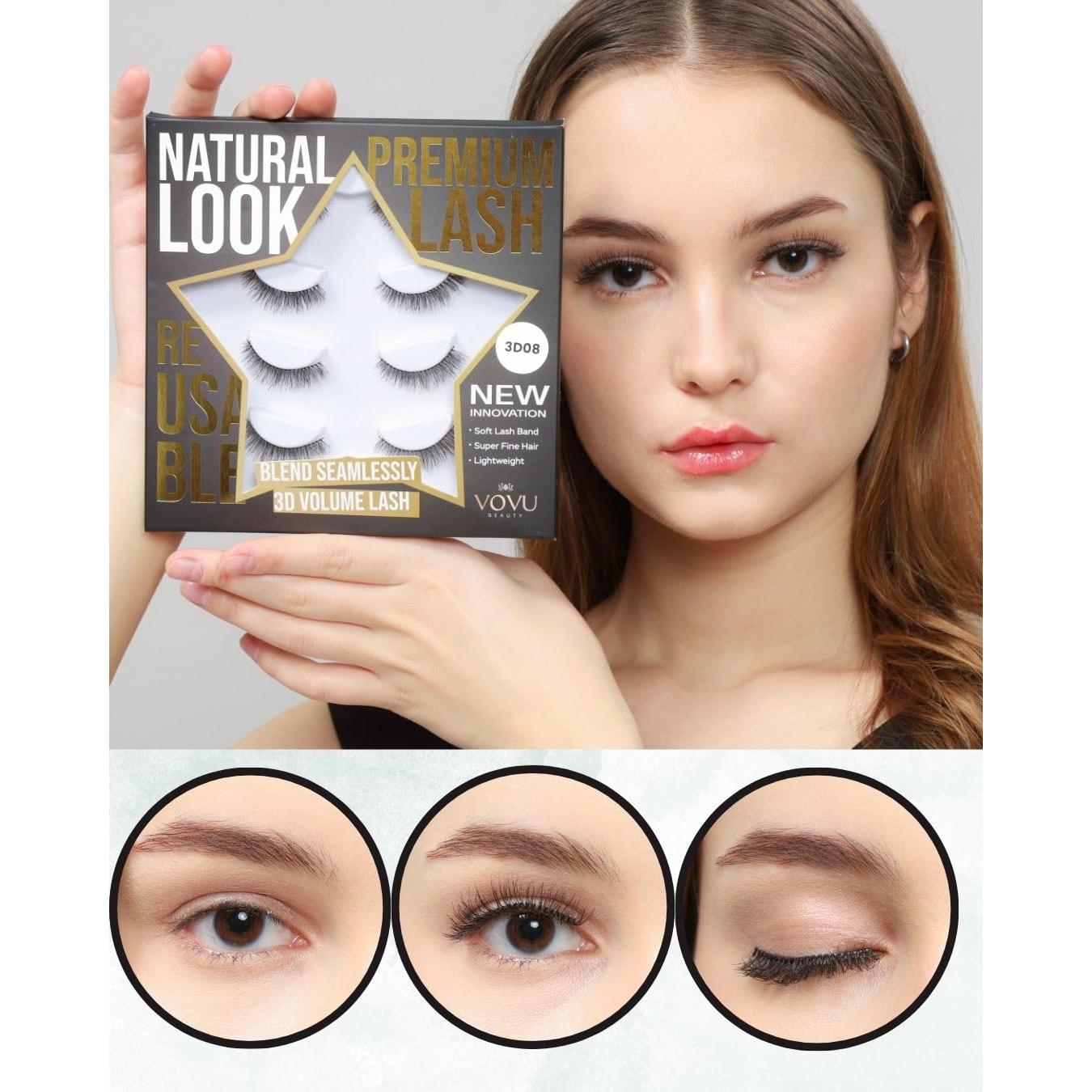 Pestañas Postizas 3D VOVU - Banda Invisible y Suave - Kit Natural