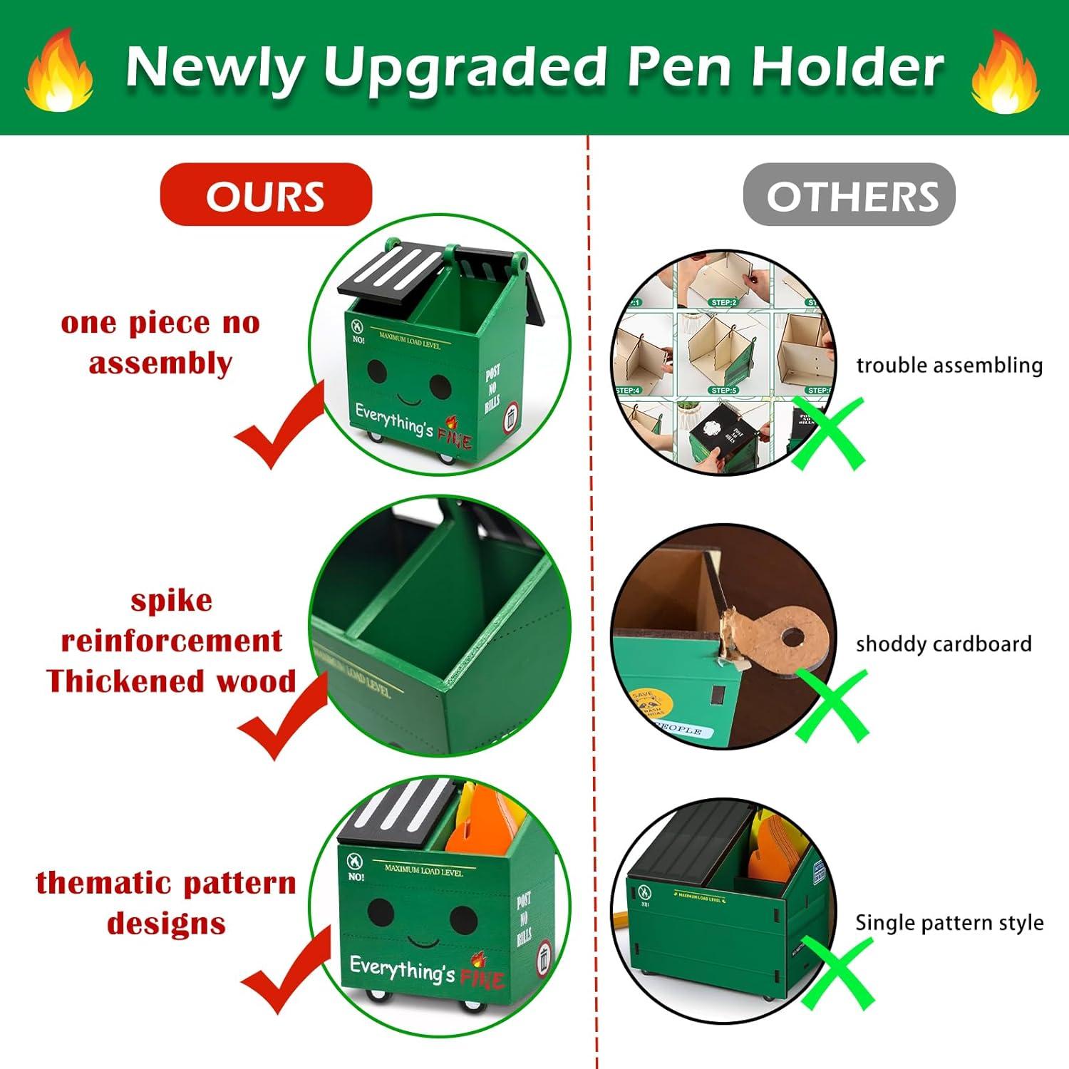 Soporte para lápices PUNICA en forma de basurero verde con 100 notas