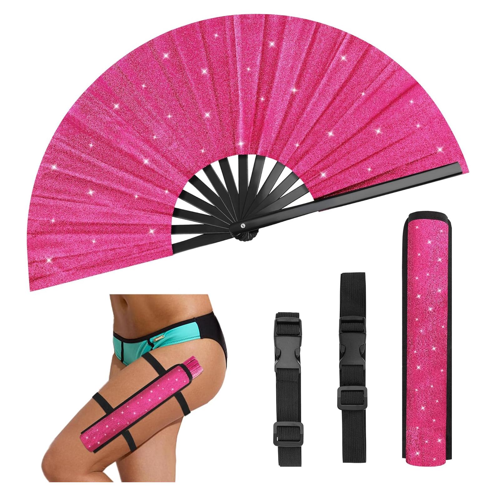 Abanico Plegable Brillante Rosa 34 cm AngleKai 2 Piezas