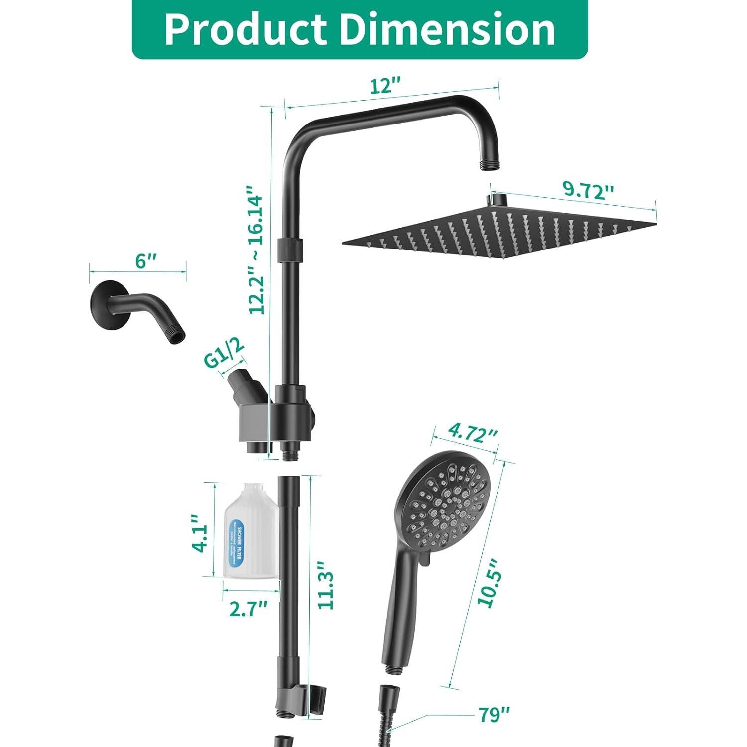 Cabezal de Ducha Filtrada HEROBAI 10" con Mango y Manguera 2 en 1