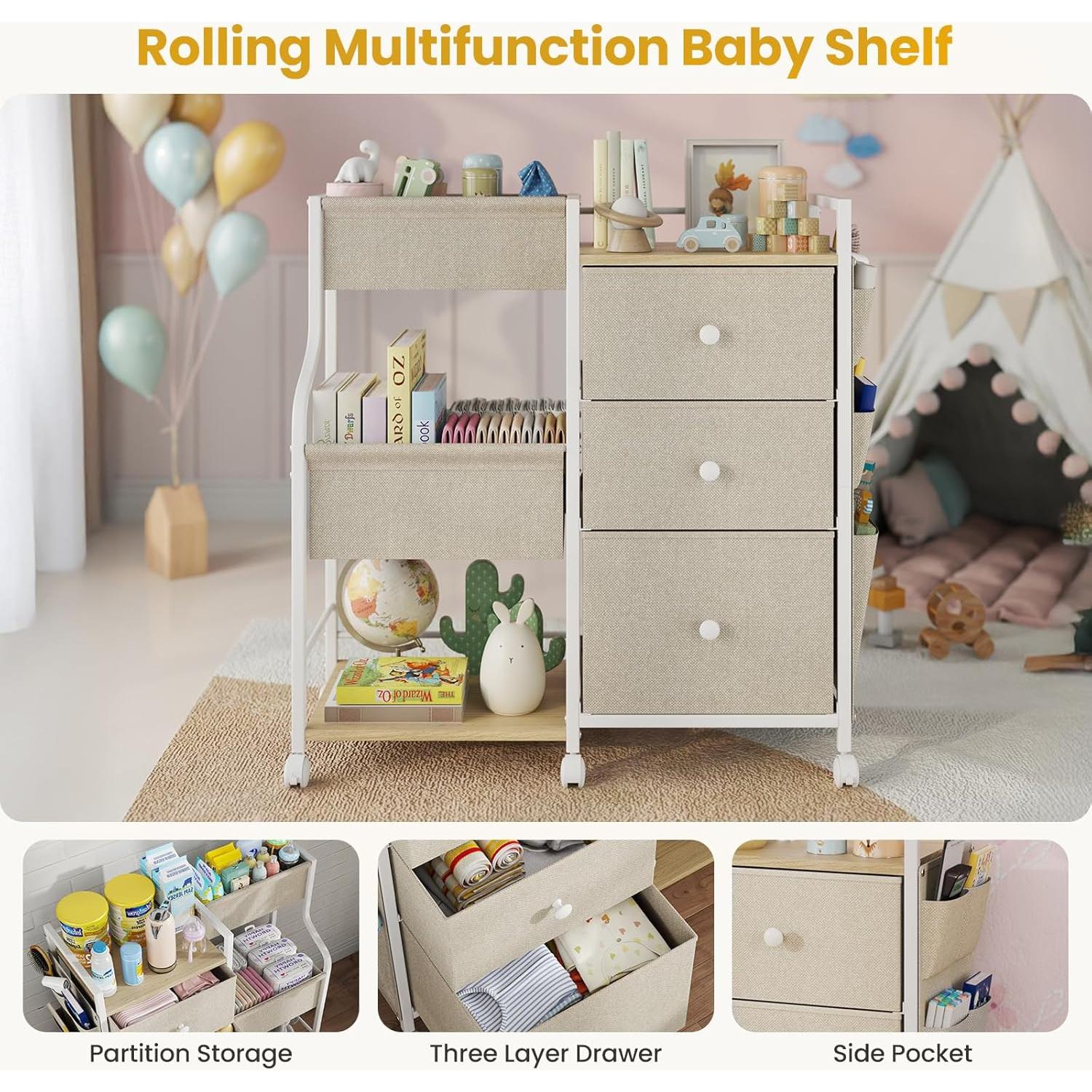 Carro Organizador de 3 Niveles Nuoex para Bebés Beige