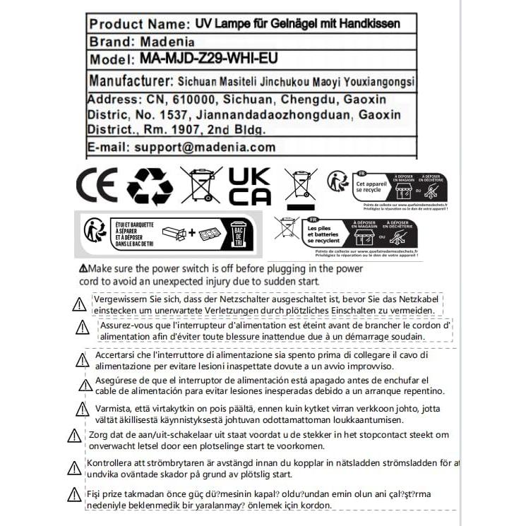 Lámpara de Uñas UV Madenia con Reposabrazos y Guantes, 25cm