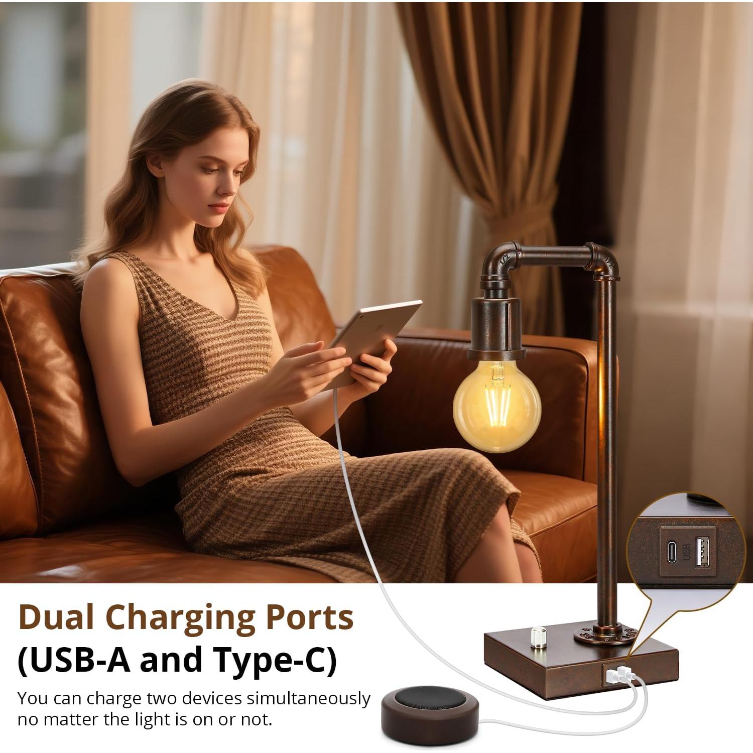 Lámpara de Mesa Industrial Seaside Village con USB y Regulable