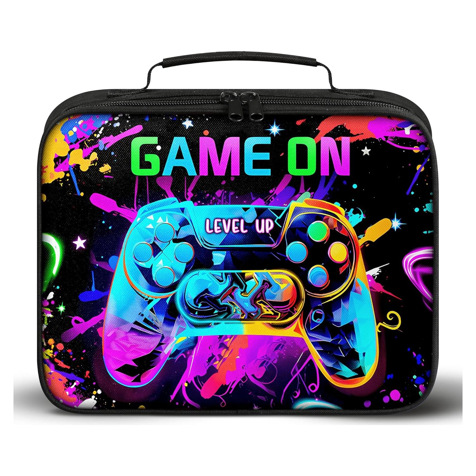 Gamer Lunch Box for Boys, Insulated Reusable Video Game Lunch Bag Portable Waterproof Leakproof Lunch Tote Bag Game boy Lunch Box for School Picnic Travel Back to School Gifts (big game on)