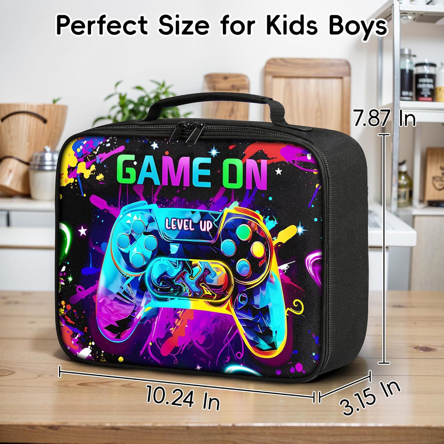 Gamer Lunch Box for Boys, Insulated Reusable Video Game Lunch Bag Portable Waterproof Leakproof Lunch Tote Bag Game boy Lunch Box for School Picnic Travel Back to School Gifts (big game on)