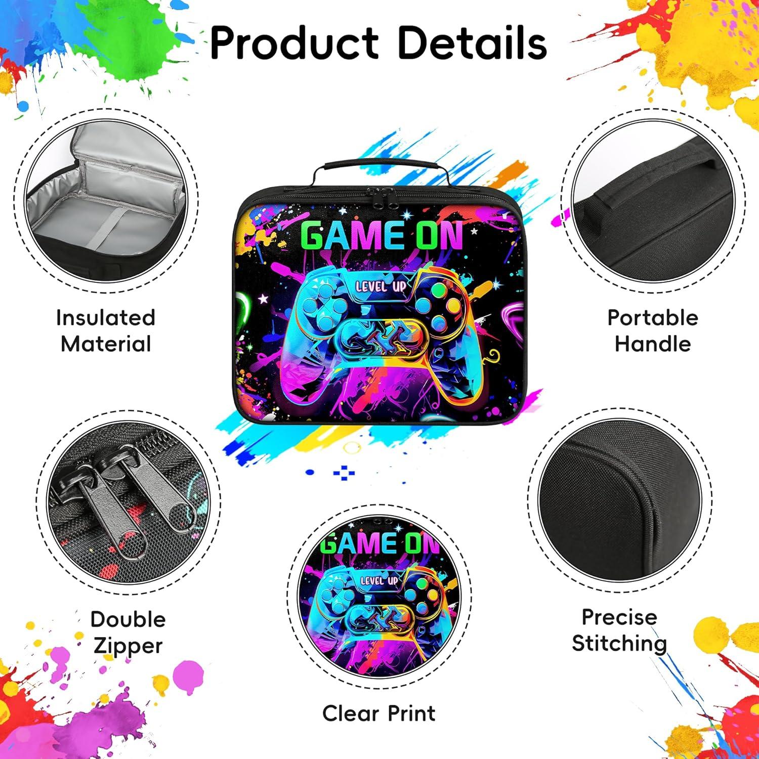 Gamer Lunch Box for Boys, Insulated Reusable Video Game Lunch Bag Portable Waterproof Leakproof Lunch Tote Bag Game boy Lunch Box for School Picnic Travel Back to School Gifts (big game on)