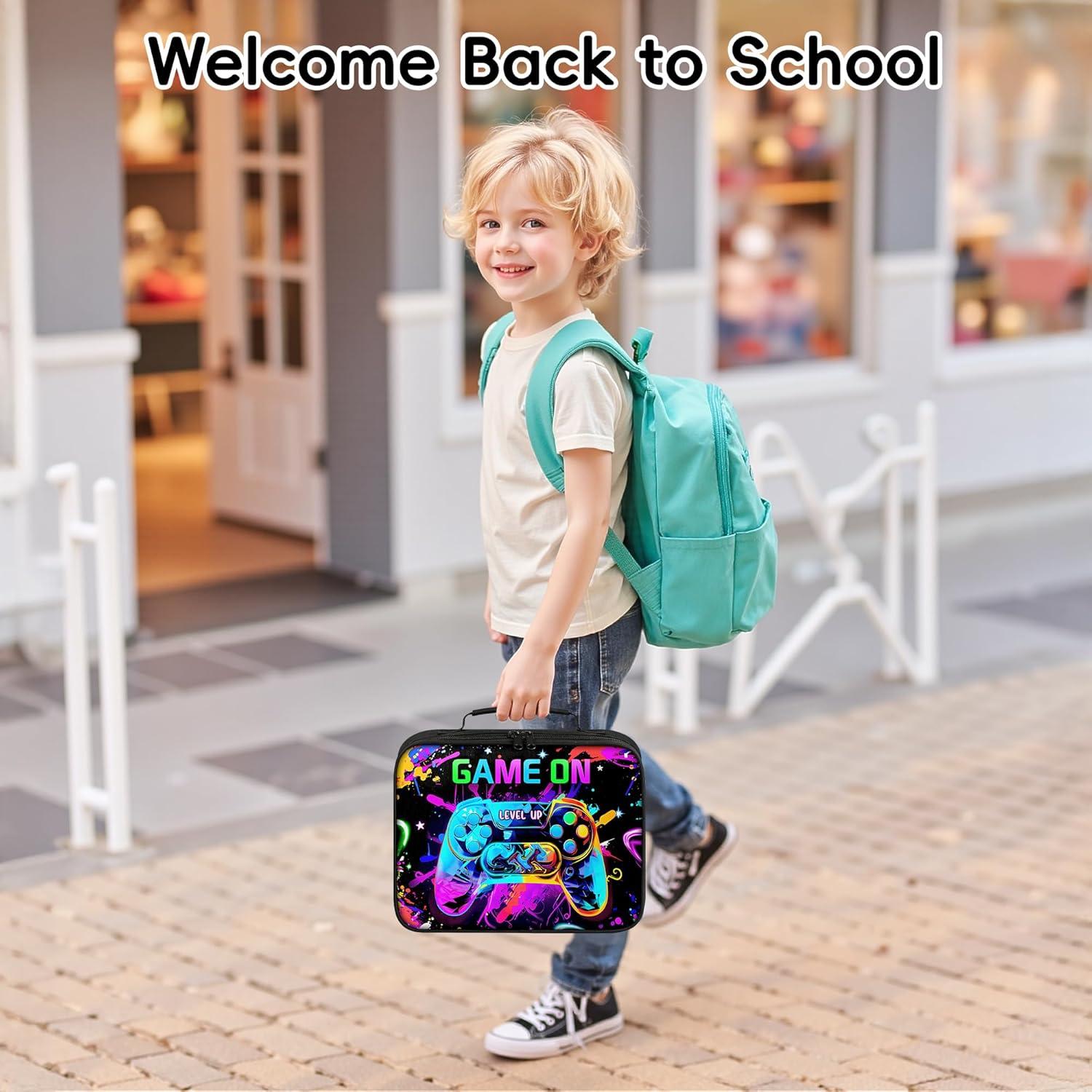 Gamer Lunch Box for Boys, Insulated Reusable Video Game Lunch Bag Portable Waterproof Leakproof Lunch Tote Bag Game boy Lunch Box for School Picnic Travel Back to School Gifts (big game on)