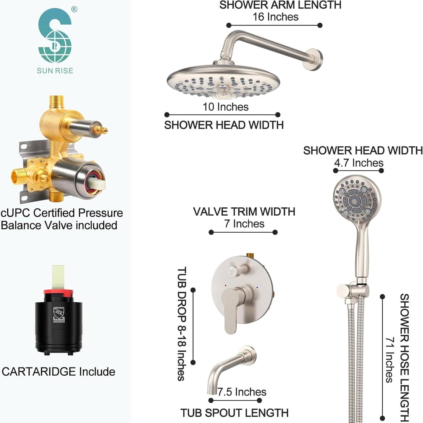 Sistema de Ducha SR SUN RISE 10" Montado en Pared Níquel Cepillado