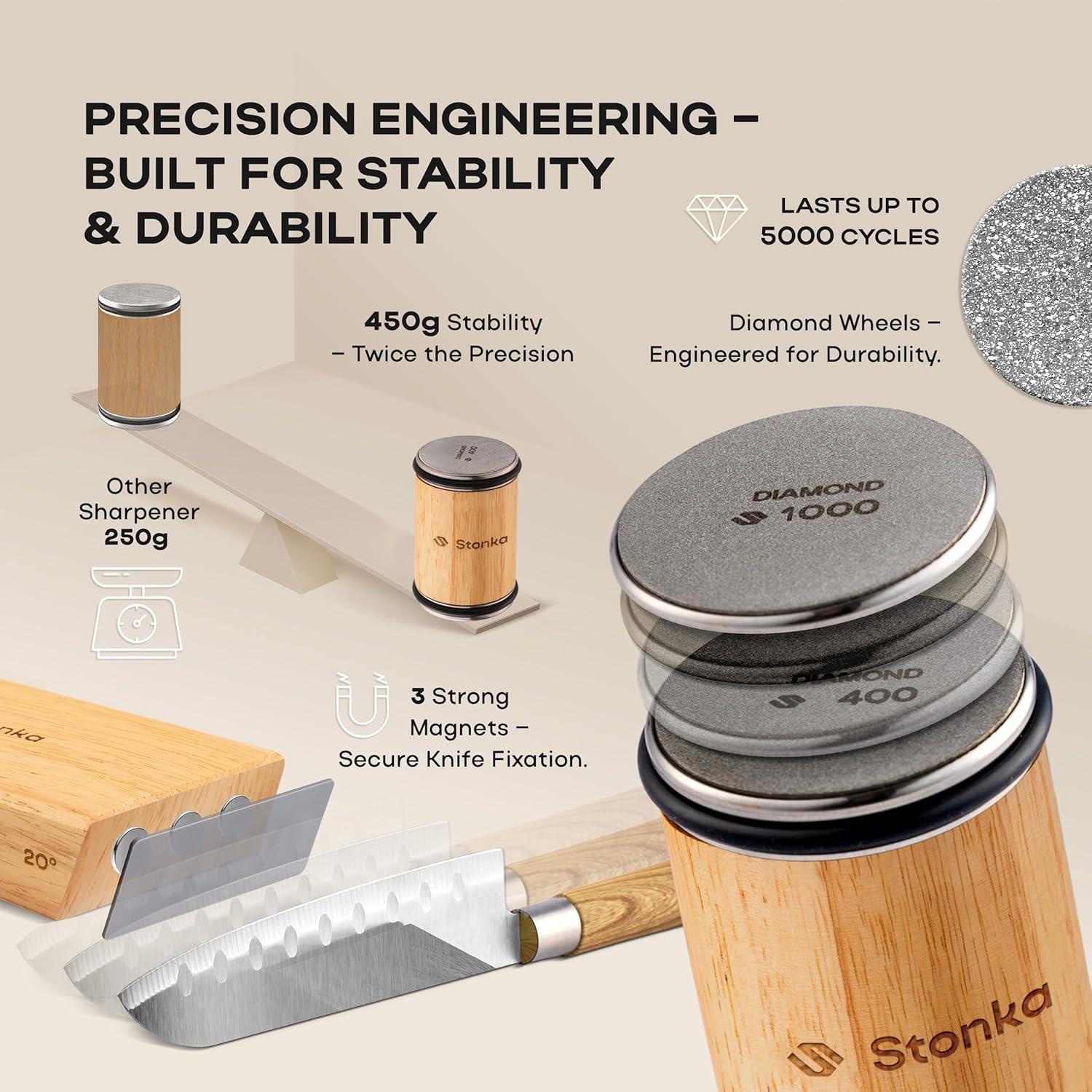 Afilador de Cuchillos Rodante Stonka de Roble con Ruedas de Diamante 400/1000