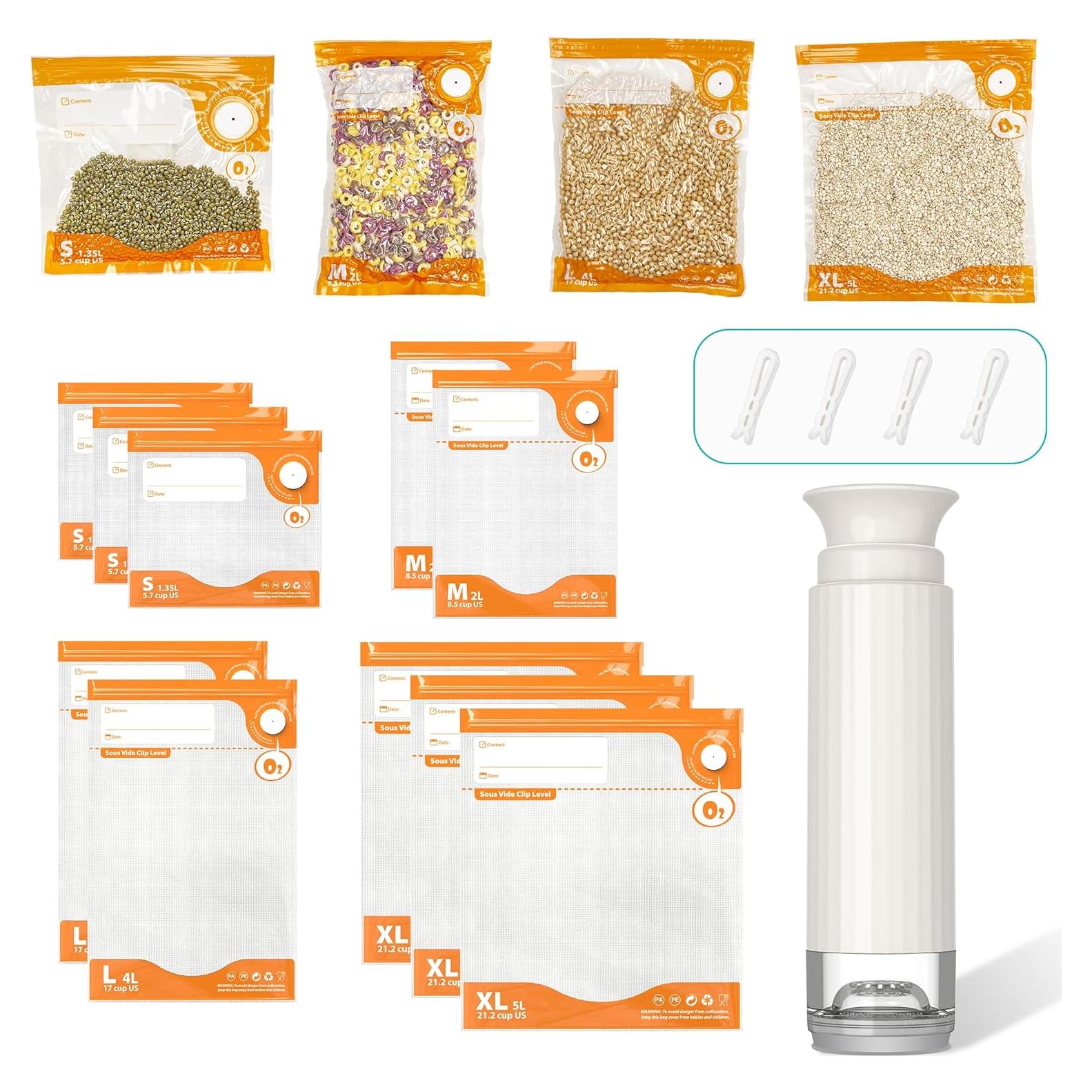 Kit de Sellador al Vacío 15pcs - Bomba Manual + 10 Bolsas + Clips