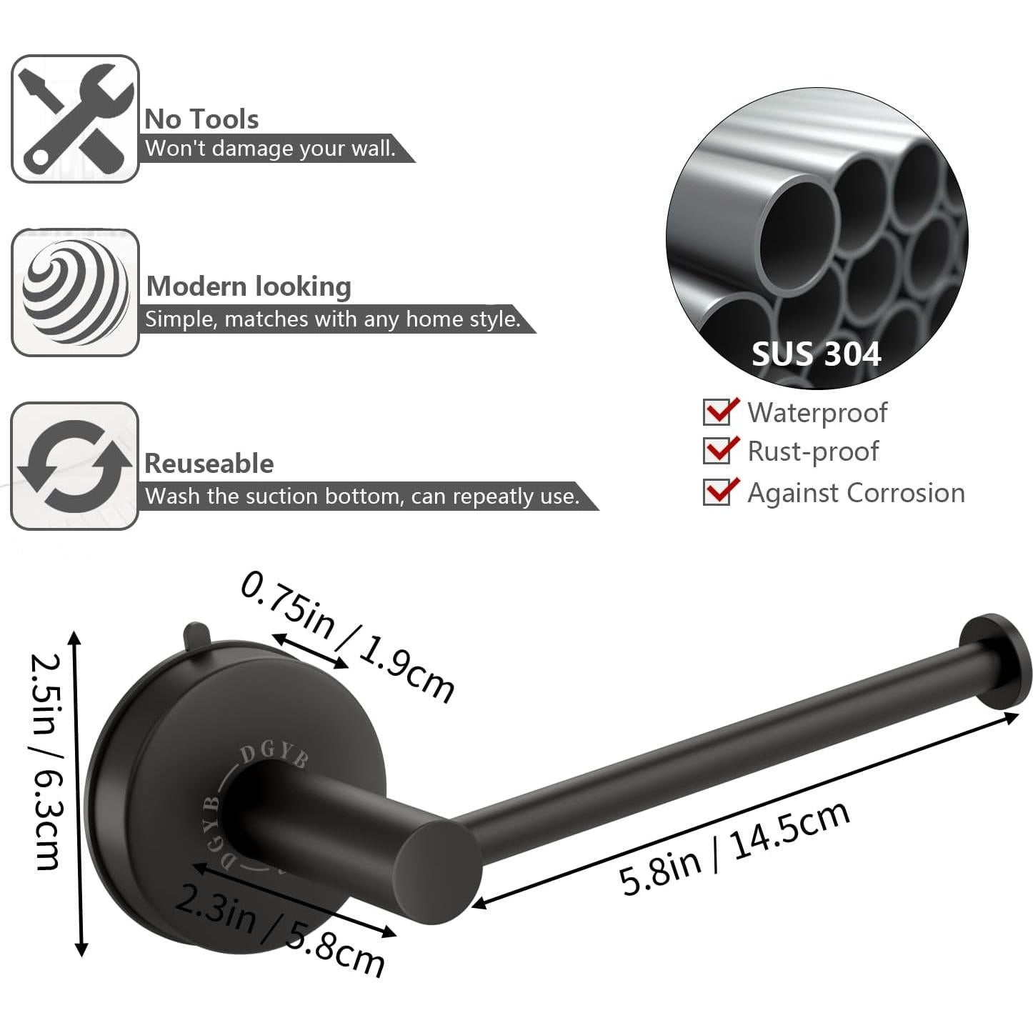Soporte de Papel Higiénico DGYB con Ventosa - Acero Inoxidable 14.7 cm