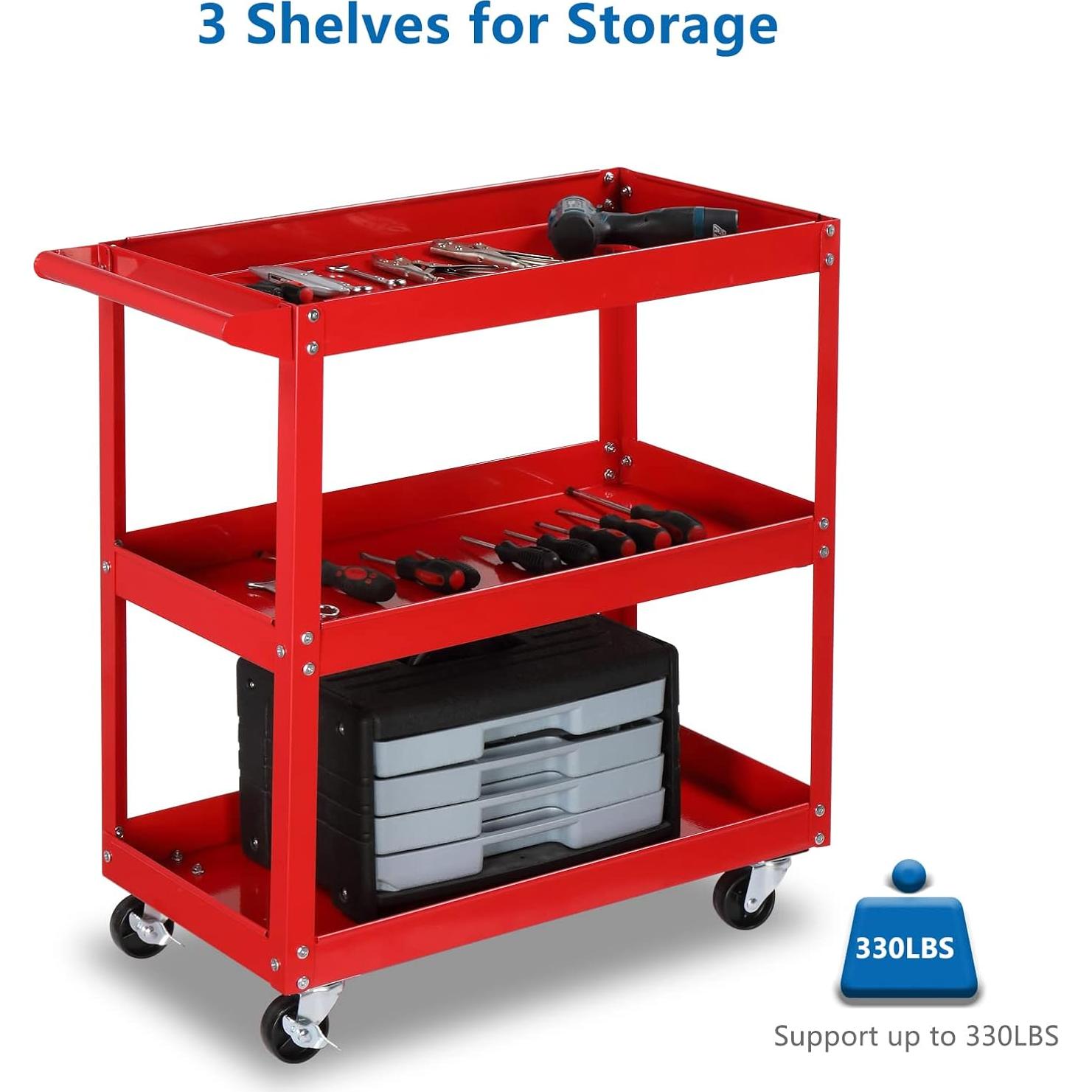 Carro de Herramientas Rodante TUFFIOM 3 Estantes Acero 150 kg Rojo