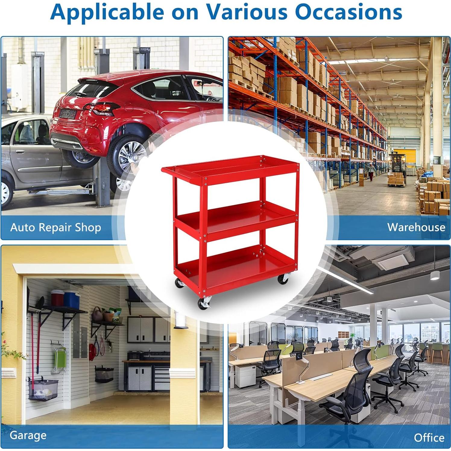 Carro de Herramientas Rodante TUFFIOM 3 Estantes Acero 150 kg Rojo