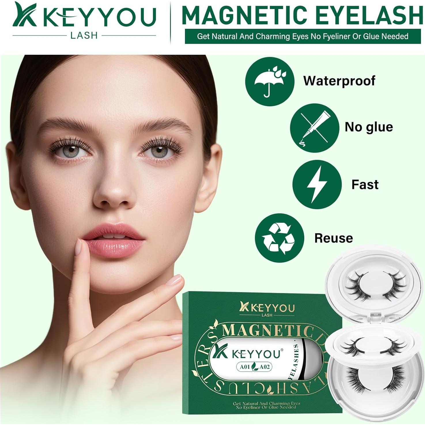 Pestañas Magnéticas Reutilizables KEYYOU 2 Pares con Aplicador