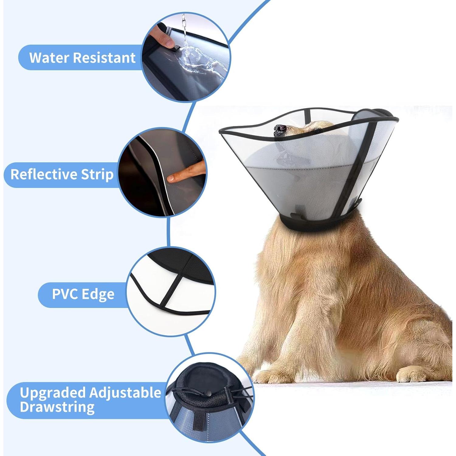 Soft Dog Cone for Dogs After Surgery, Breathable Pet Recovery Collar for Large Medium Dogs, Adjustable Dog Cone Collar, Elizabethan Collar (XS, Black)