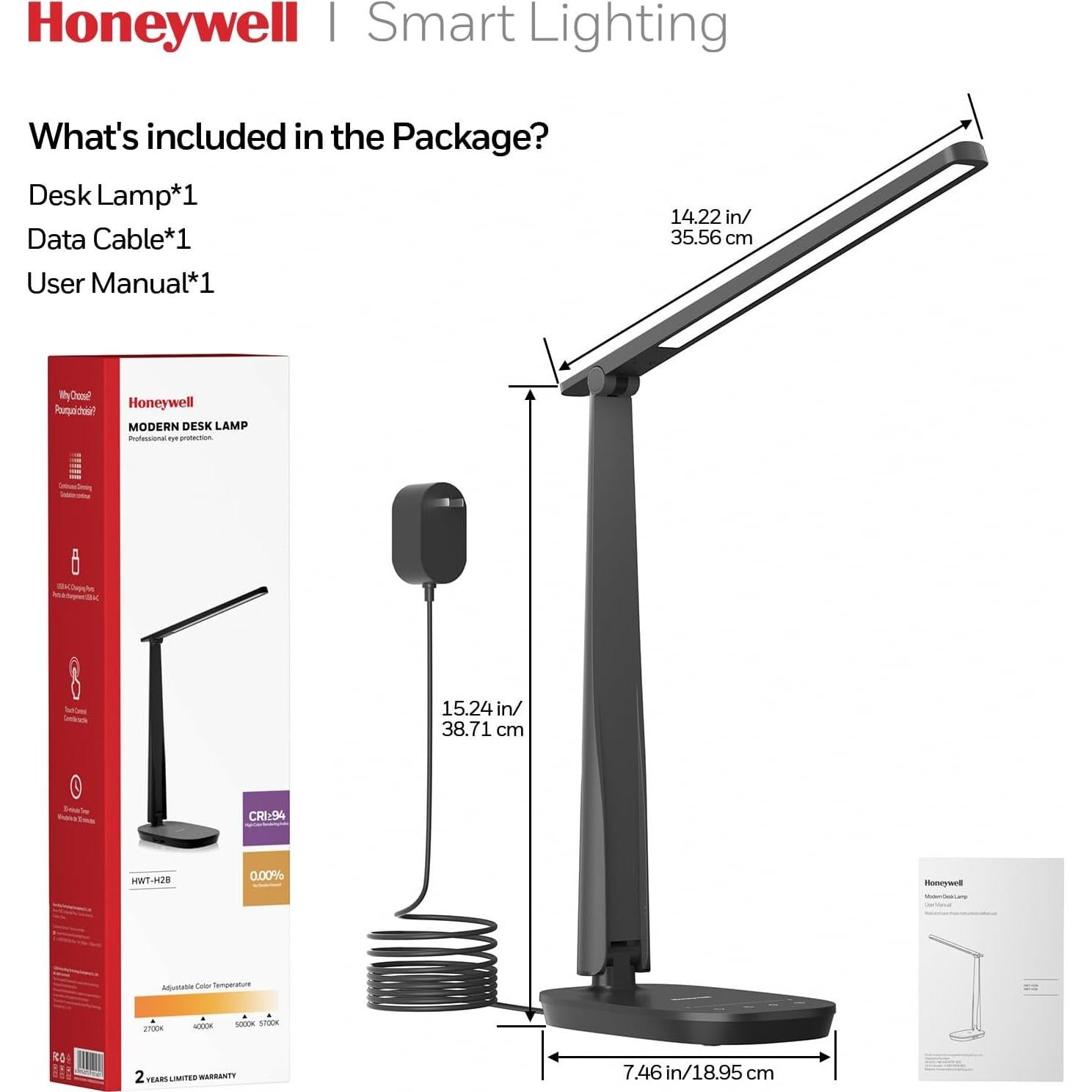 Lámpara de Escritorio LED Honeywell con Carga USB y 4 Modos