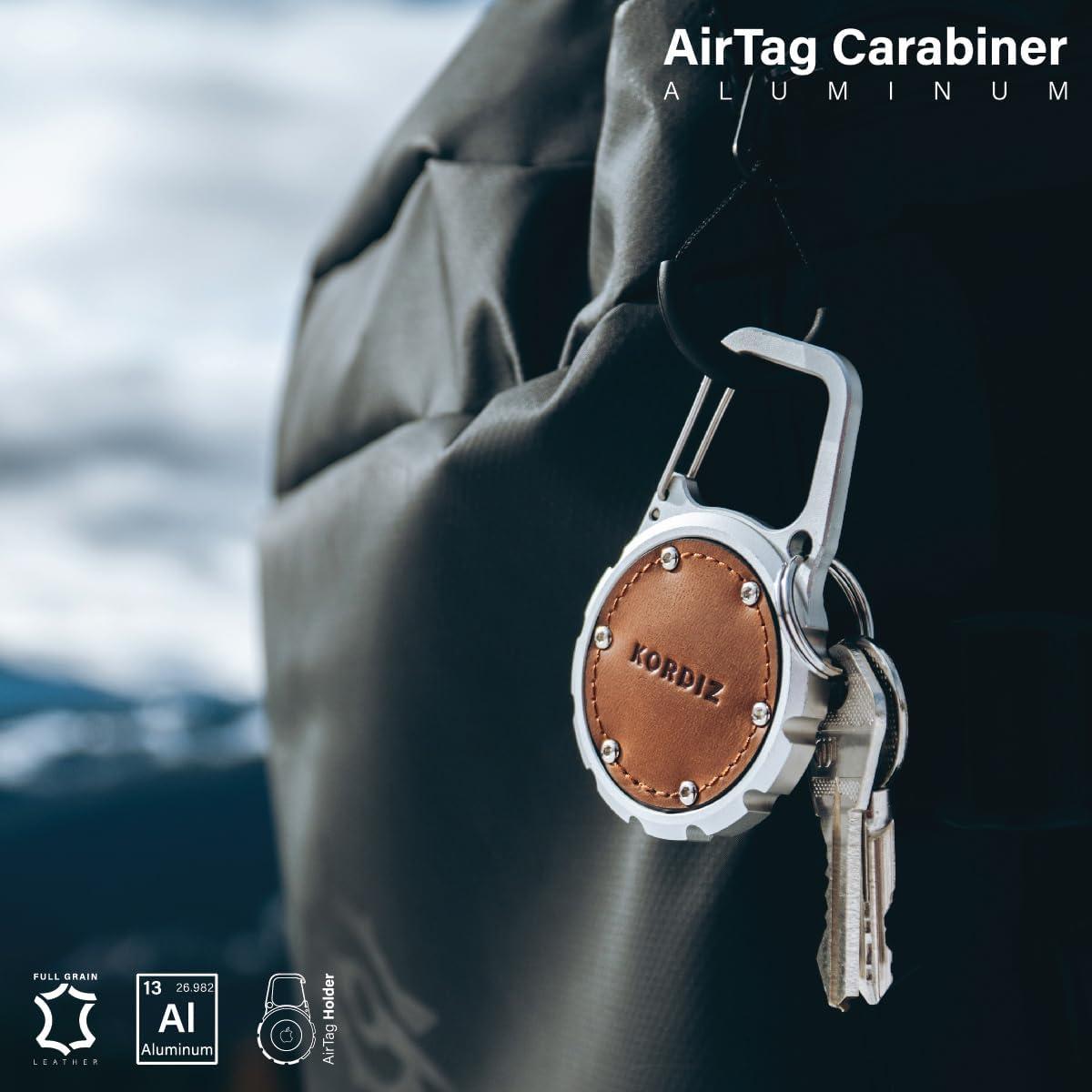 Soporte Mosquetón KORDIZ para AirTag - Aluminio y Cuero Plata