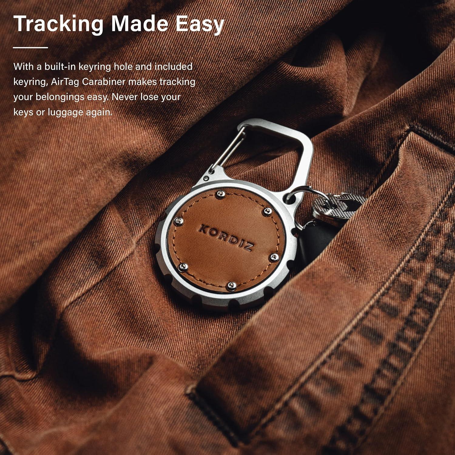 Soporte Mosquetón KORDIZ para AirTag - Aluminio y Cuero Plata
