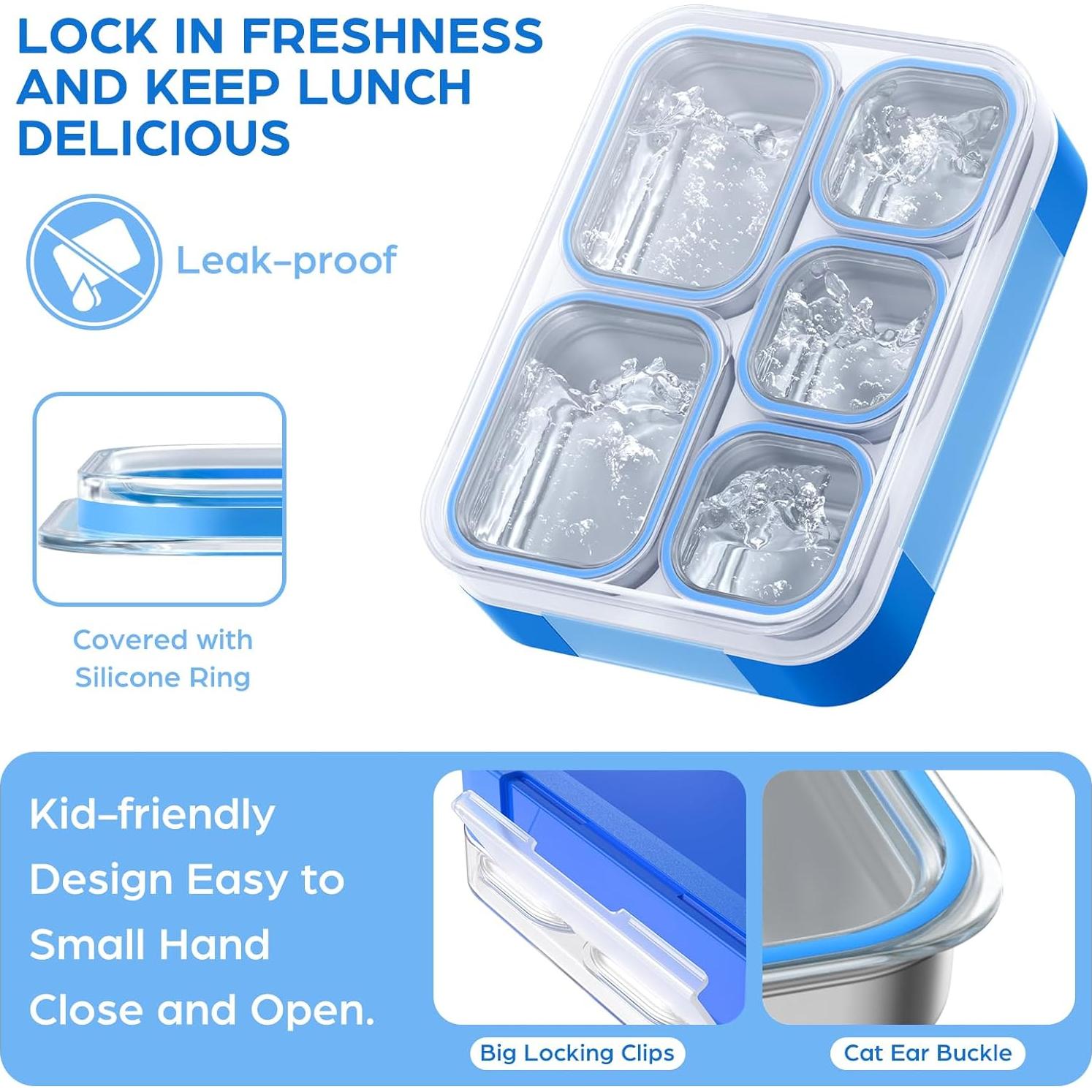 Caja Bento de Acero Inoxidable TIME4DEALS 5 Compartimentos Azul