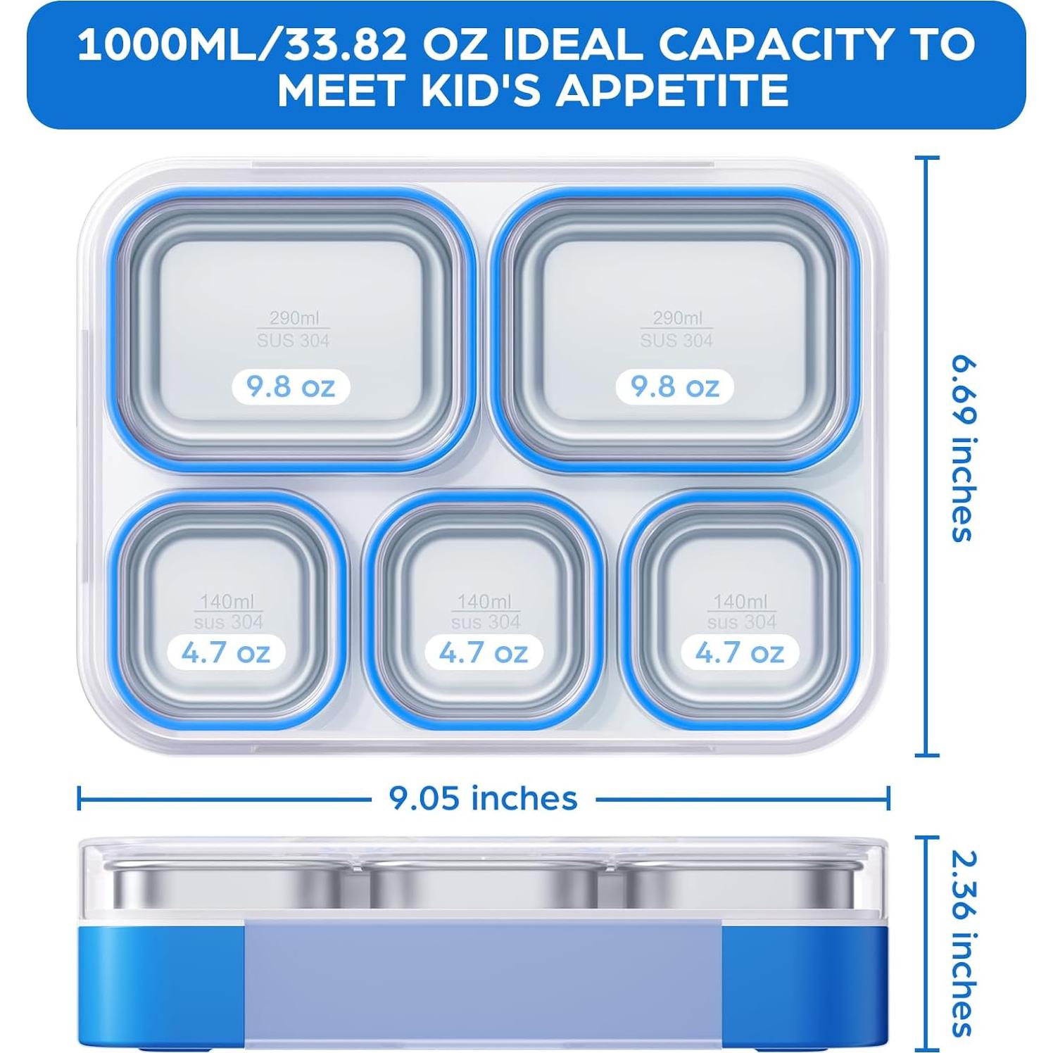 Caja Bento de Acero Inoxidable TIME4DEALS 5 Compartimentos Azul