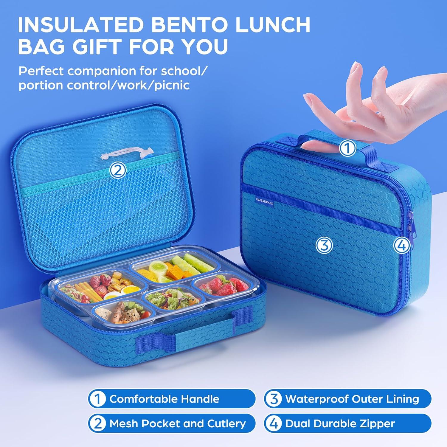 Caja Bento de Acero Inoxidable TIME4DEALS 5 Compartimentos Azul