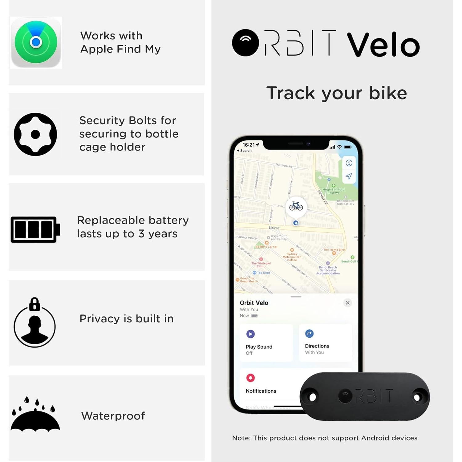 Rastreador de Bicicleta Orbit Velo con Apple Find My - Impermeable