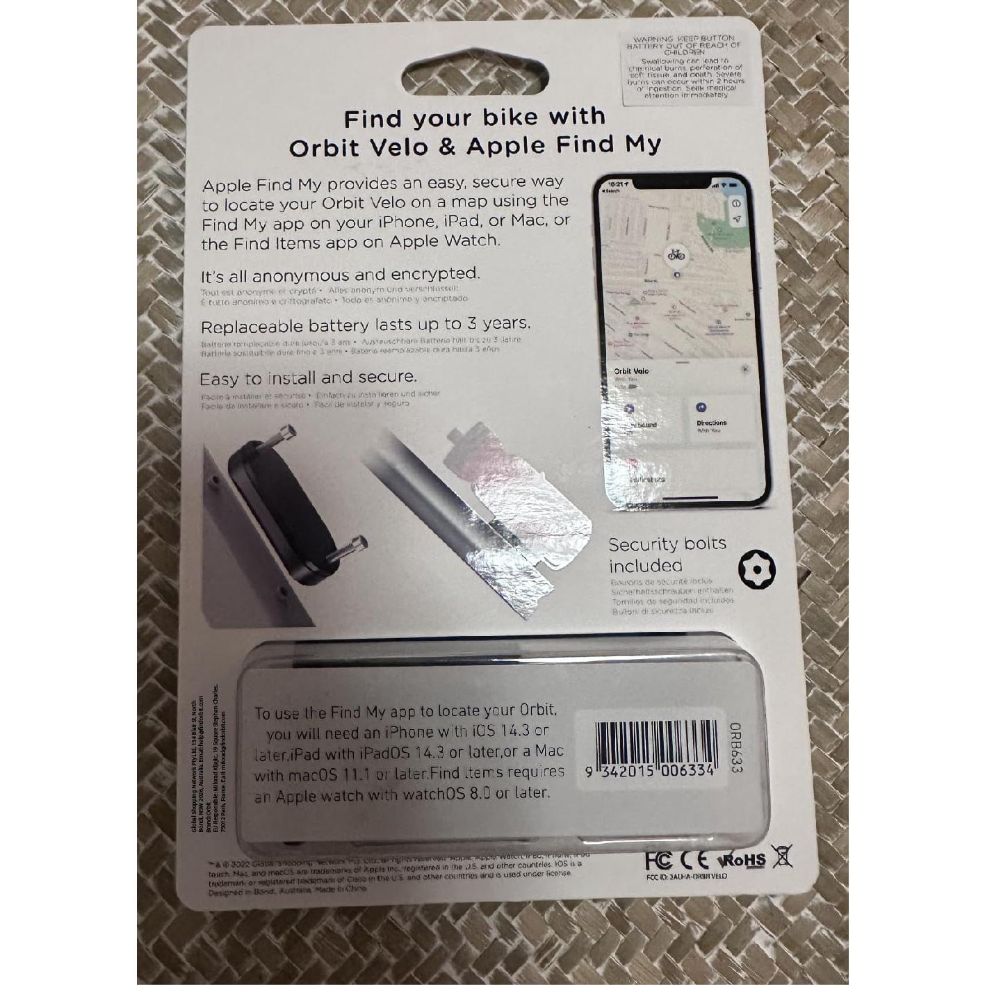 Rastreador de Bicicleta Orbit Velo con Apple Find My - Impermeable