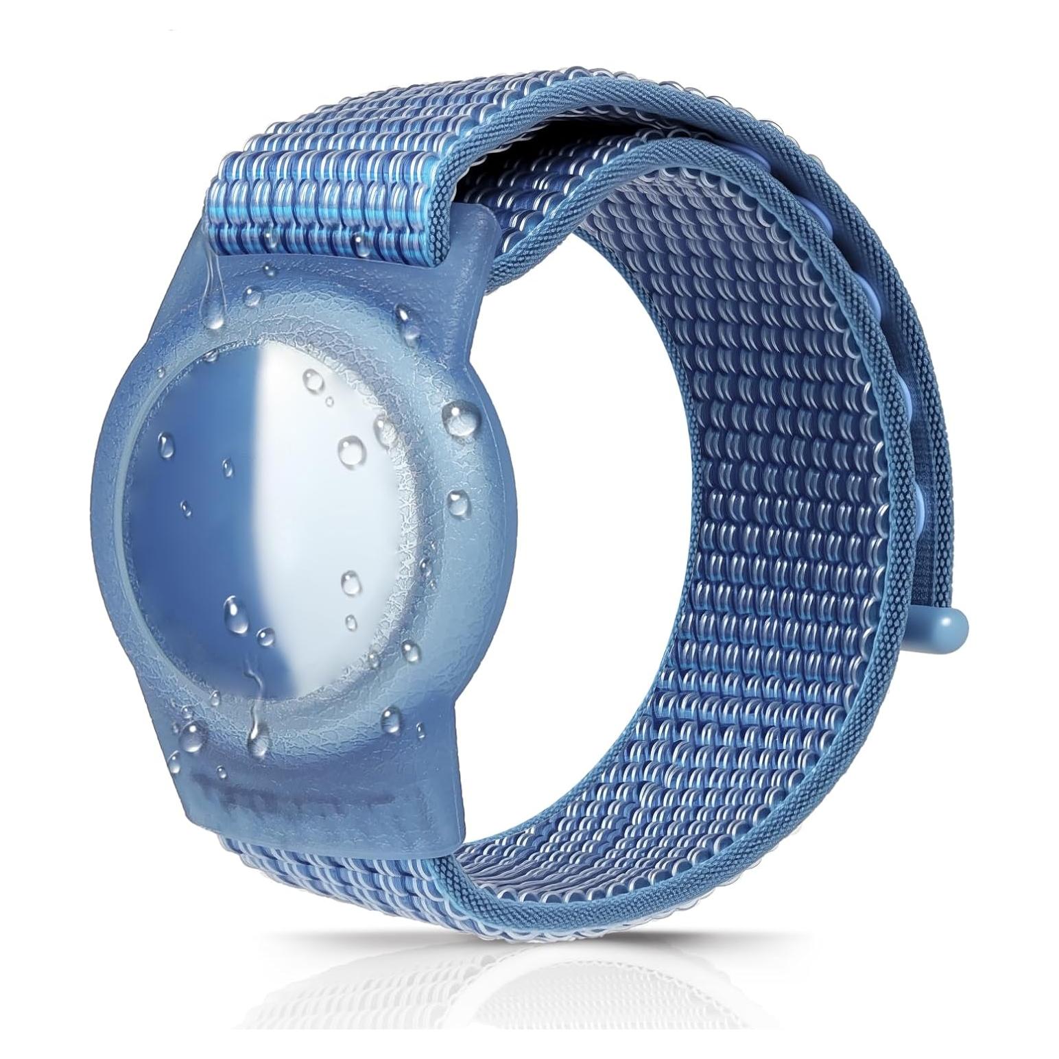 Adjustable Kids Safety Wristband - Soft Knit Nylon Strap with Secure Holder for Airtag Smart Tag Device, Anti-Lost GPS Tracker Bracelet for Children & Seniors (1 Pack, Blue)