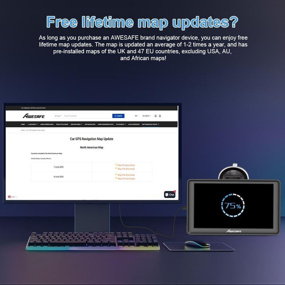GPS para Coche AWESAFE 7" Pantalla Táctil Mapa 2025