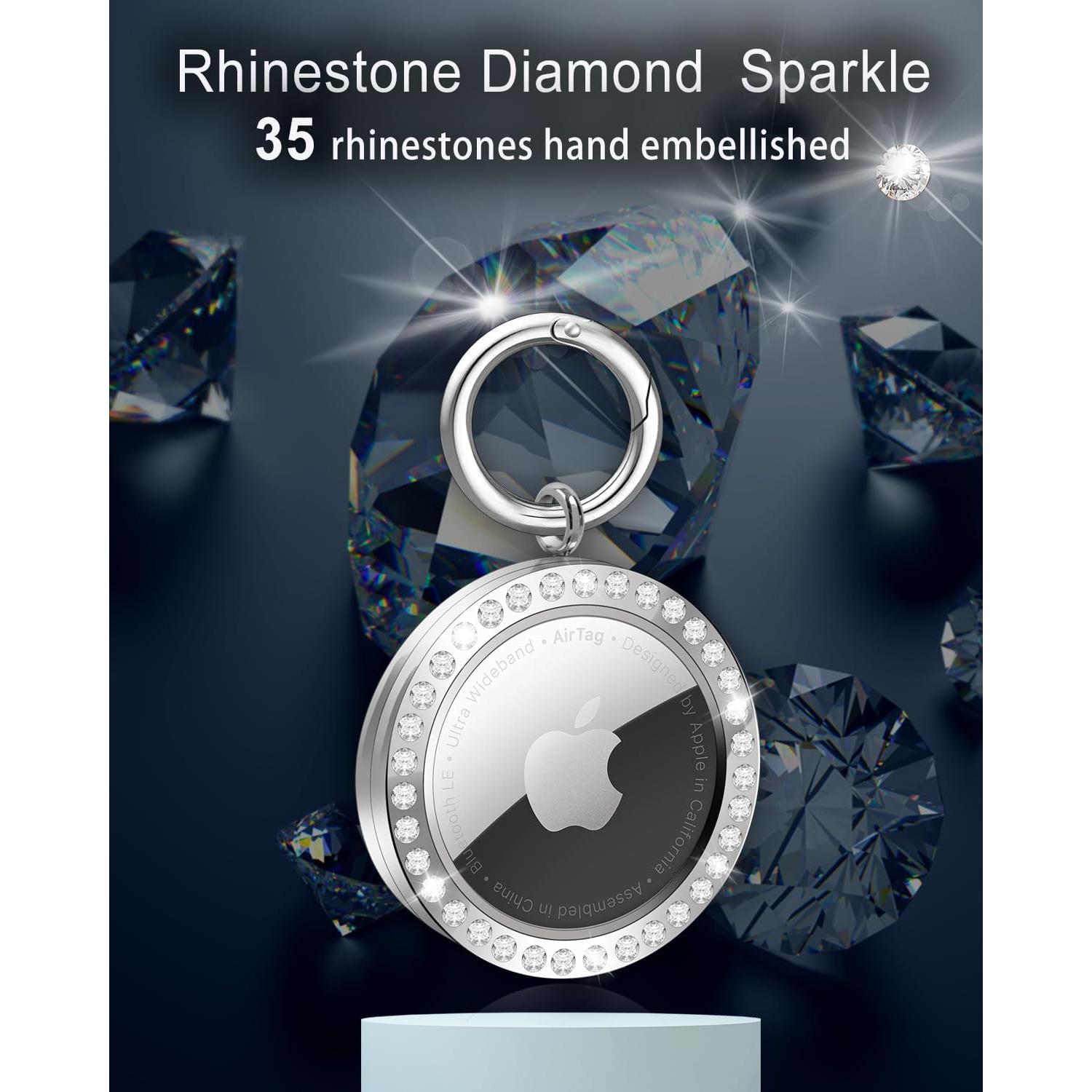 Soporte Airtag SCALLOP Plata con Rhinestones y Clip Resistente