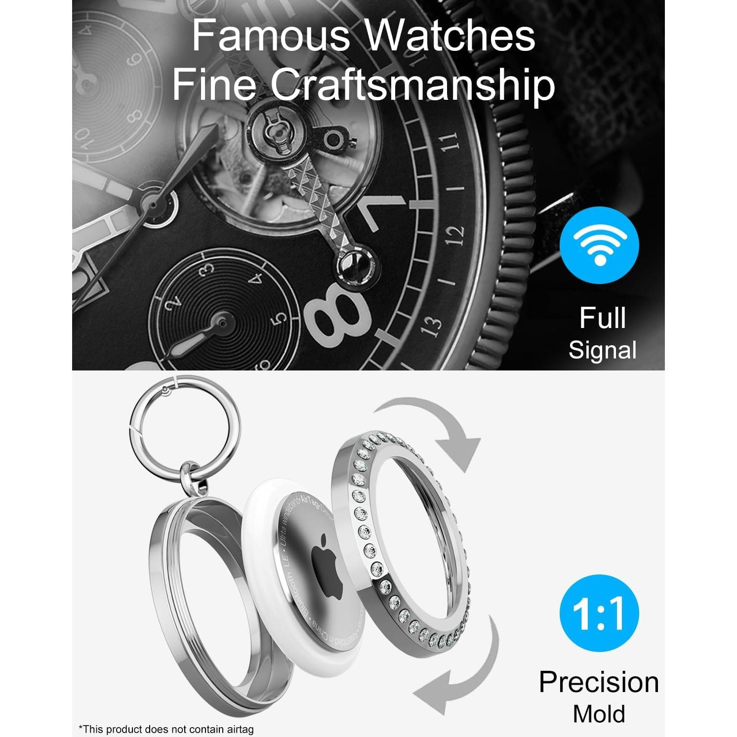 Soporte Airtag SCALLOP Plata con Rhinestones y Clip Resistente