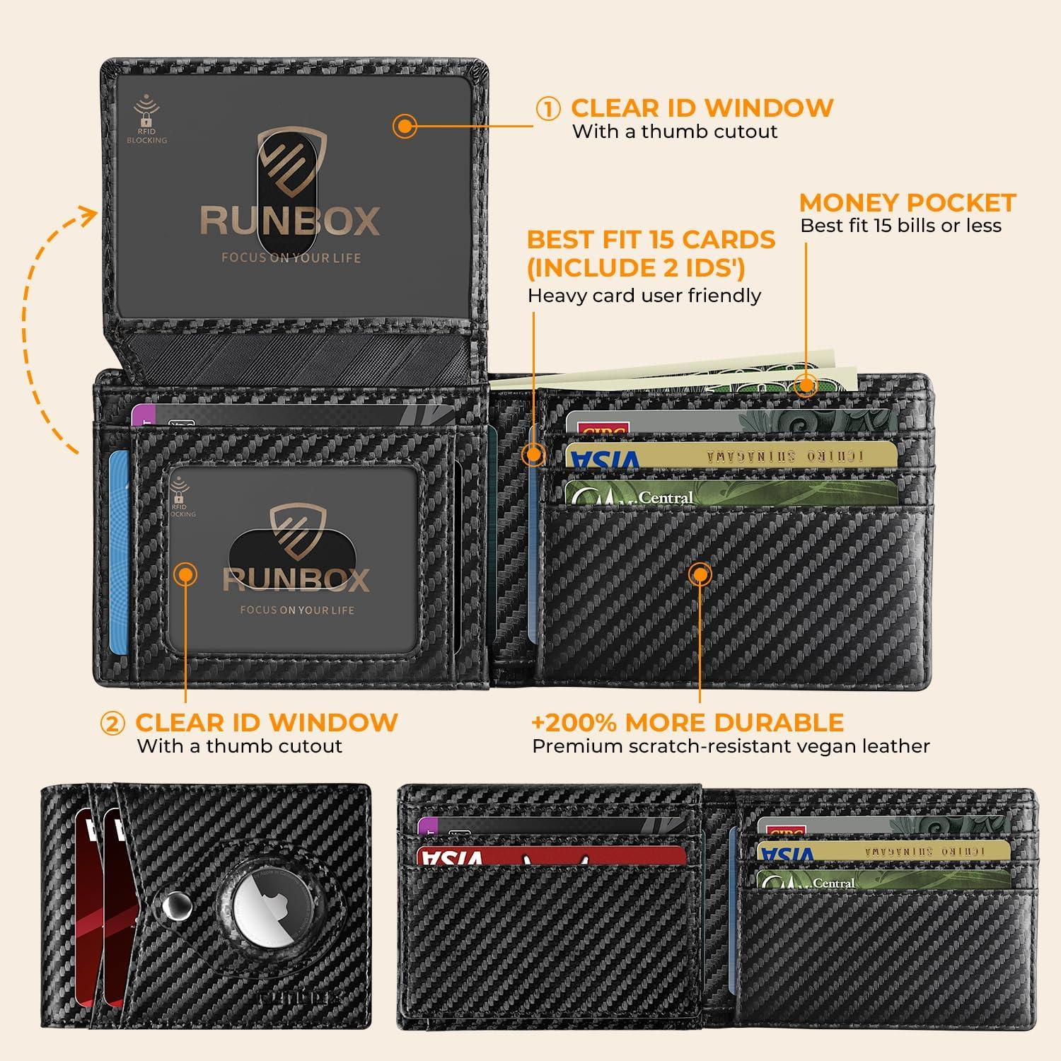 Cartera RUNBOX Airtag delgada de cuero RFID para hombres