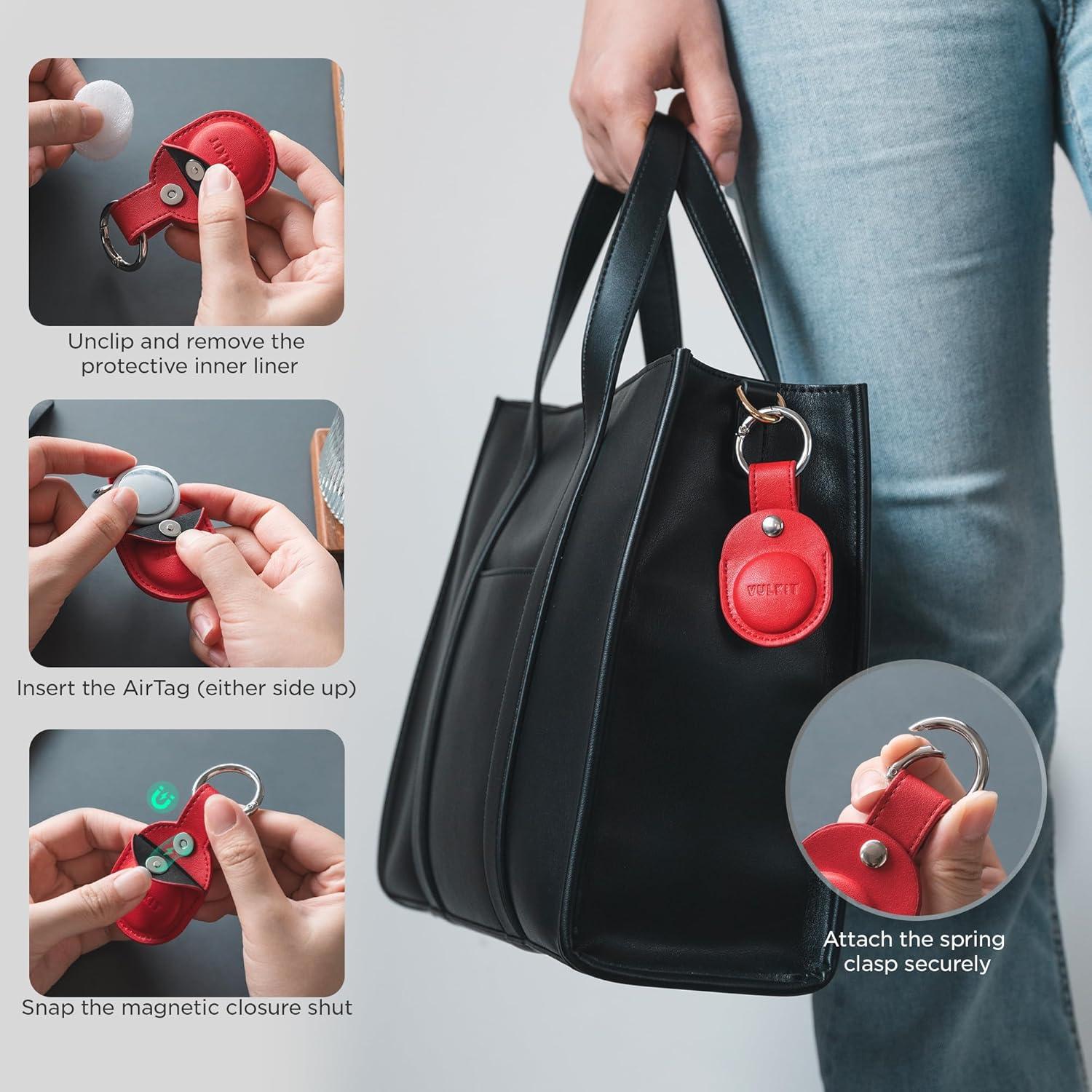 Funda de cuero Nappa VULKIT para Air Tag - Rojo, protección total