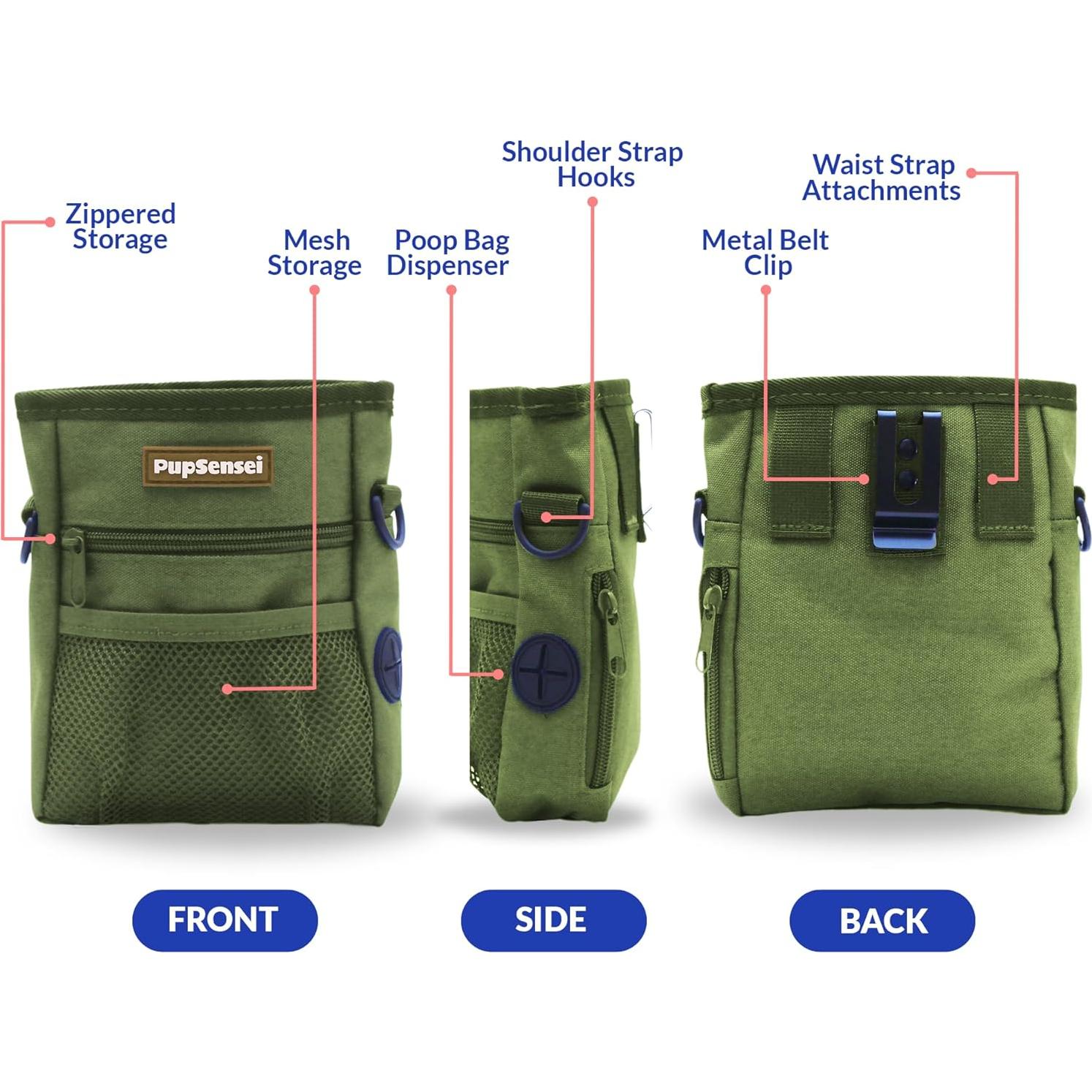 Bolsa de golosinas para perros PupSensei, 0.71L, Verde militar
