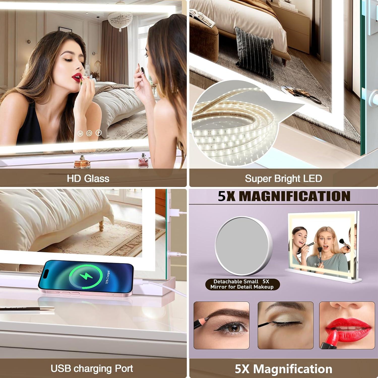 Espejo de tocador iluminado Halumao 48x58 cm con 3 luces