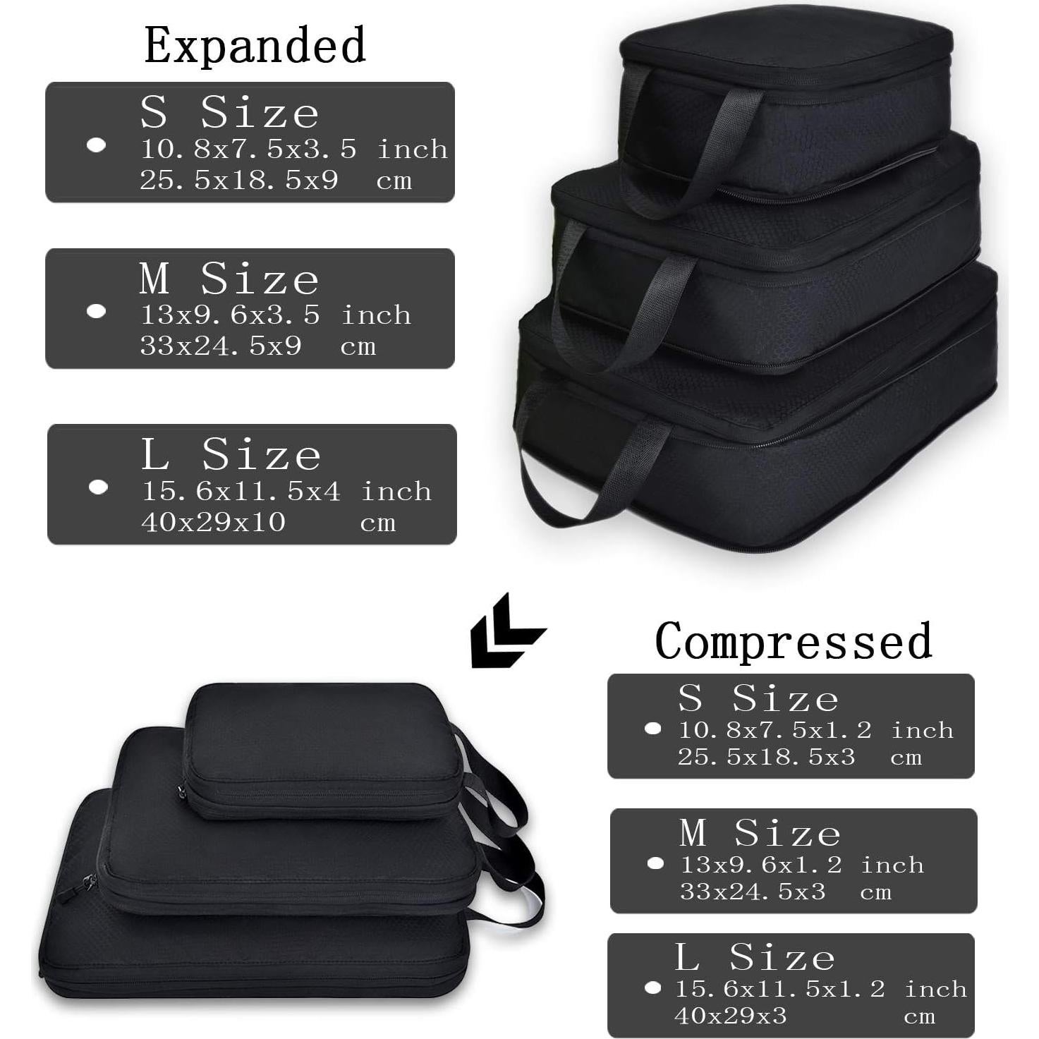 Cubos de Compresión YZAOLL 3 Set Negro para Viaje 39.6x29.2cm