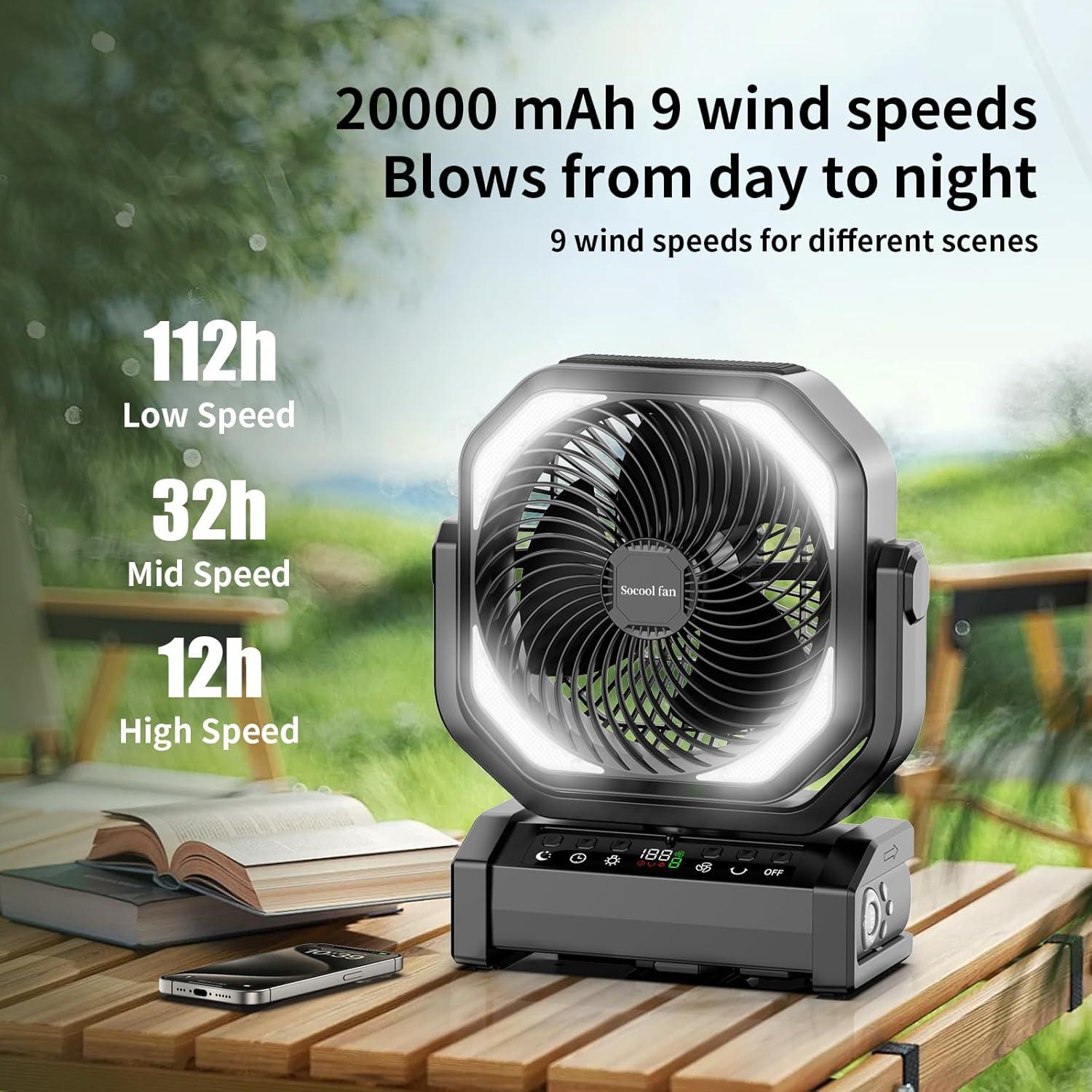 Ventilador de Camping Socool D22 con Luz LED 20000mAh