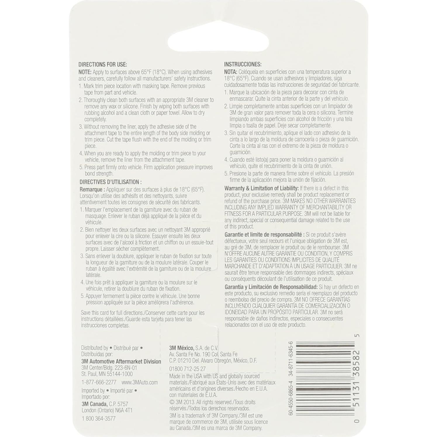 3M Auto Exterior Attachment Tape, 1/4 in x 5 ft, Heavy Duty Double-Sided Automotive Tape for Car Trim, Moldings, Emblems, and Badges (38582)