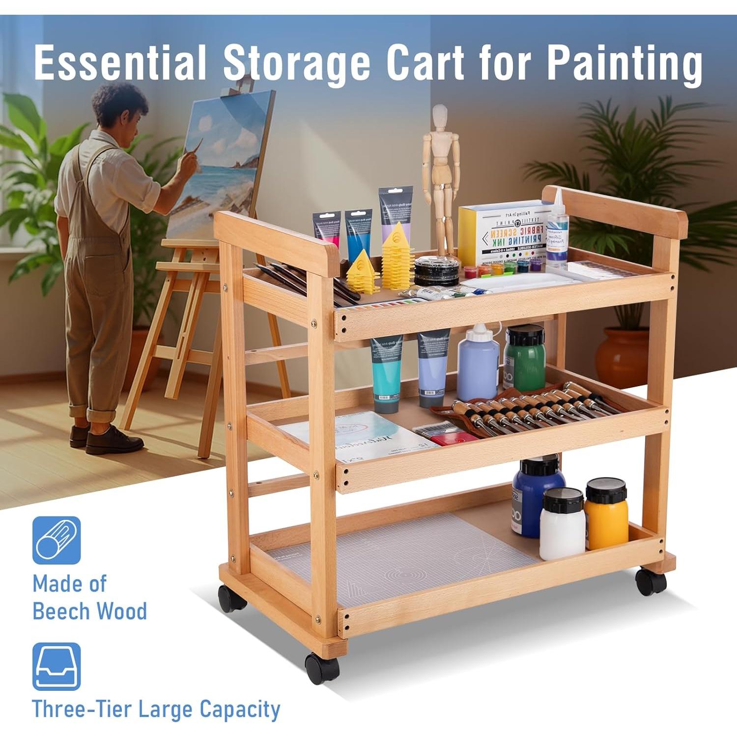 Carro Rodante de Almacenamiento Caída en Arte 3 Niveles Madera Haya