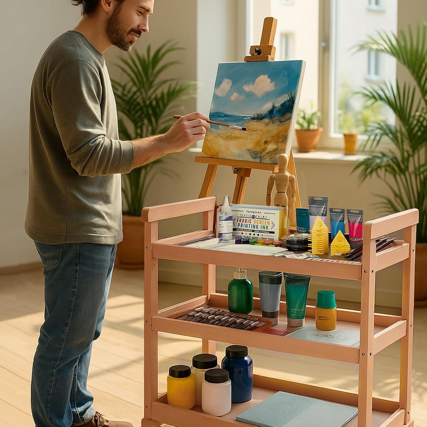 Carro Rodante de Almacenamiento Caída en Arte 3 Niveles Madera Haya