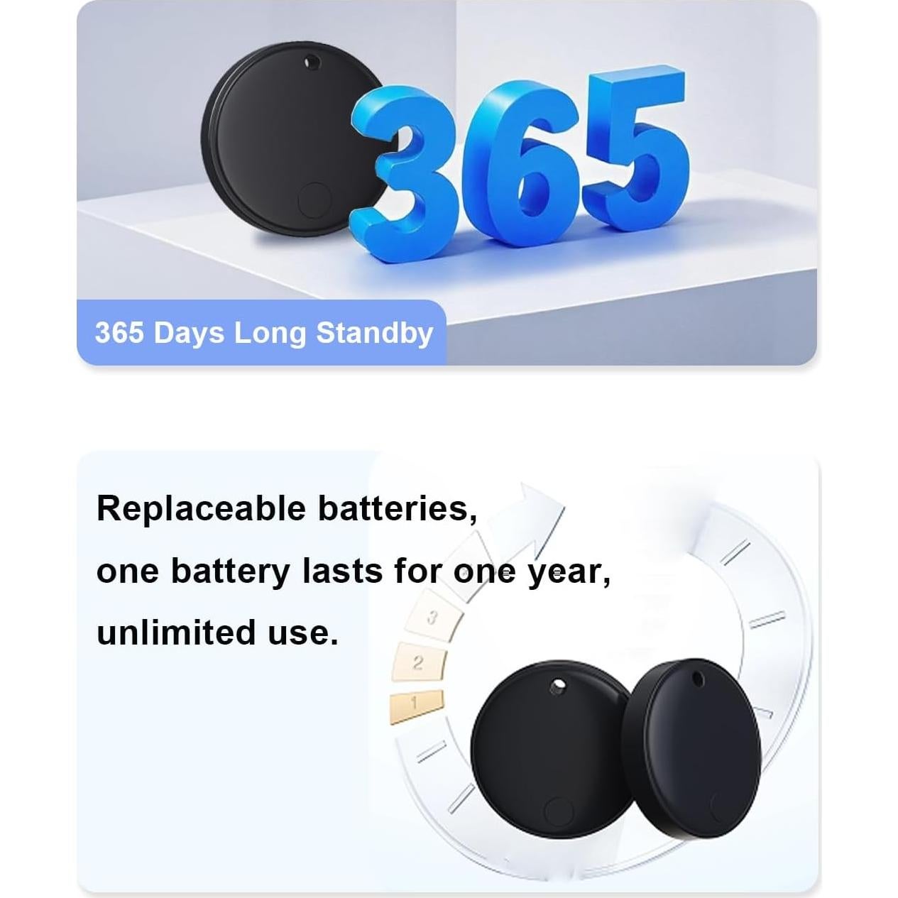 [Apple MFi Certified] Tracker Tags(iOS Only), 5.3 Bluetooth Key Finder and Luggage Tracker for Bag, Wallet, Keys,Replaceable Battery, IP64,80dB, Smart Tags for Apple Find My (2-Black& 2-White)