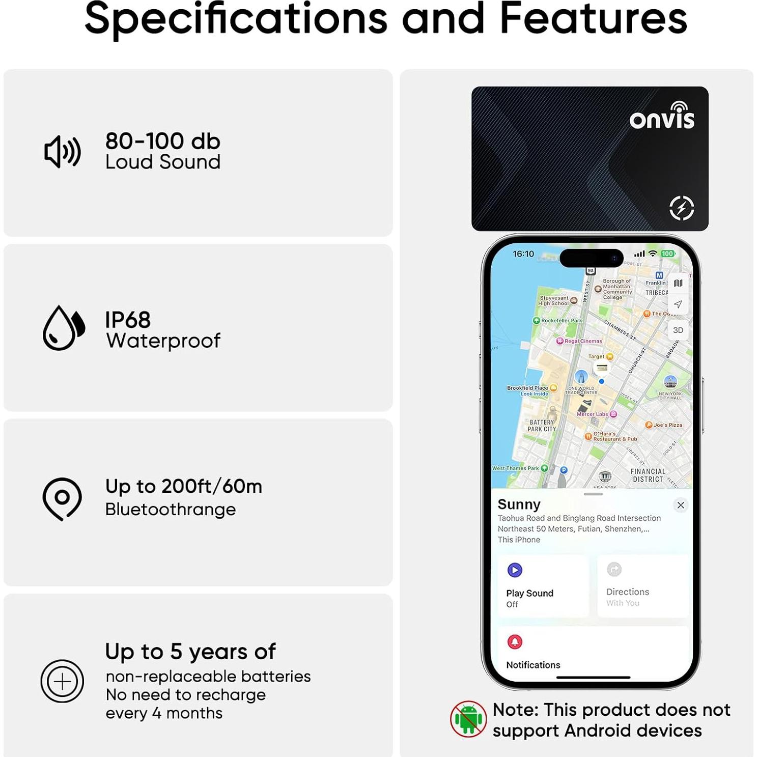 Rastreador Bluetooth Onvis HB12 con Apple Find My, Negro