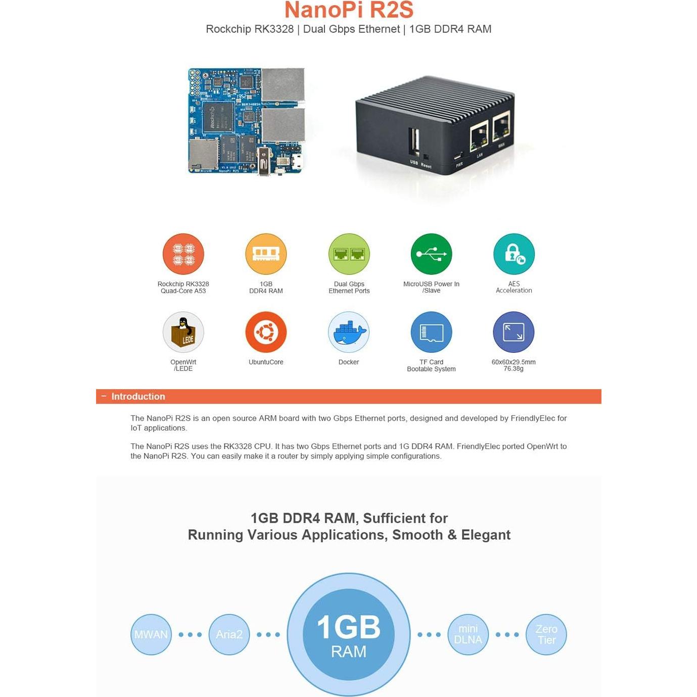 NanoPi R2S Enrutador Mini Abierto 1GB DDR4 Doble Ethernet Gbps